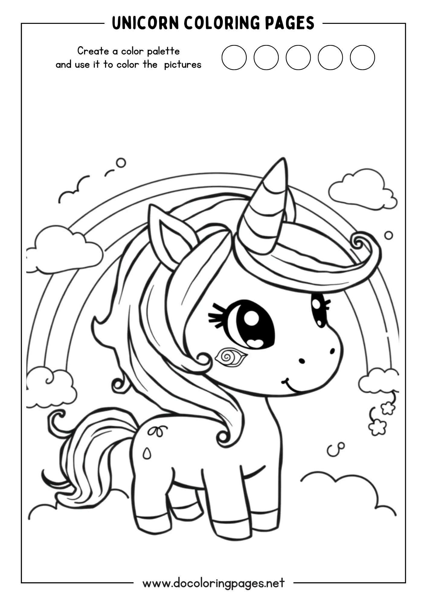 Cute unicorn coloring page featuring an adorable unicorn with swirling hair standing in front of a rainbow and fluffy clouds.