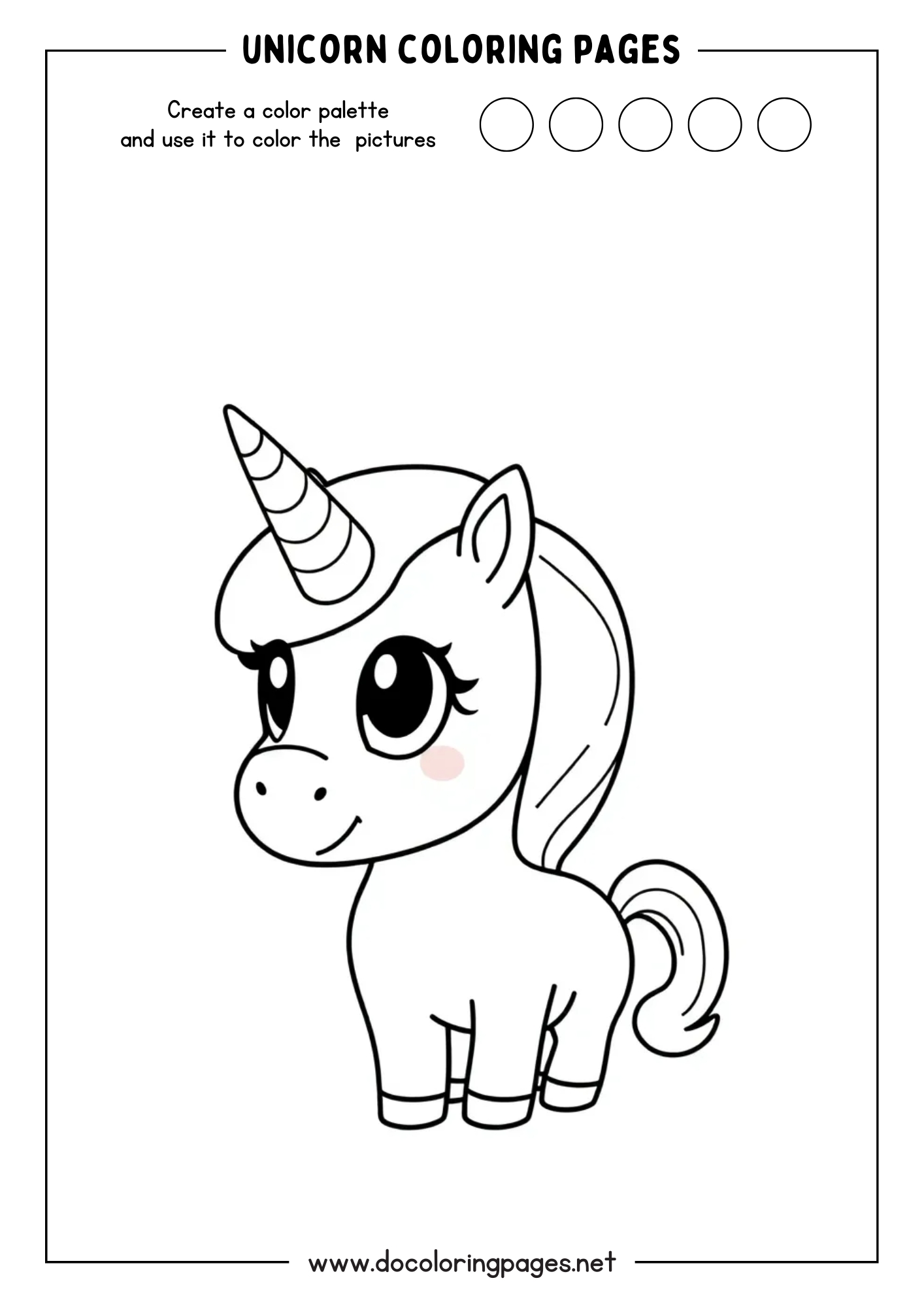 Cute unicorn coloring page with a smiling baby unicorn featuring big bright eyes and a playful expression.