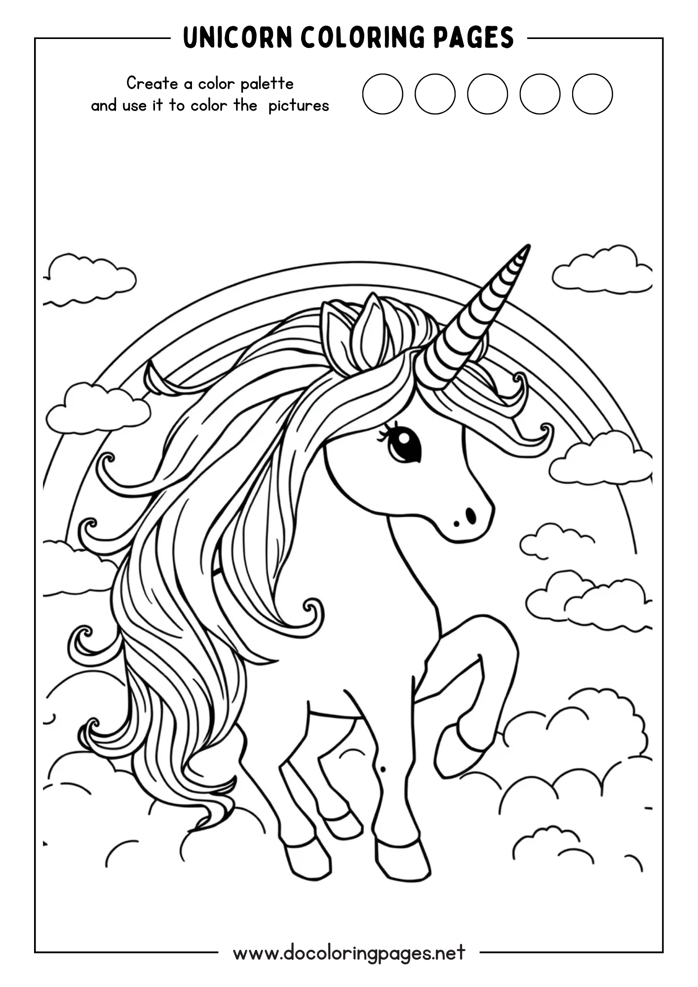 Unicorn coloring page depicting a graceful unicorn with flowing mane, standing among clouds with a rainbow in the background.
