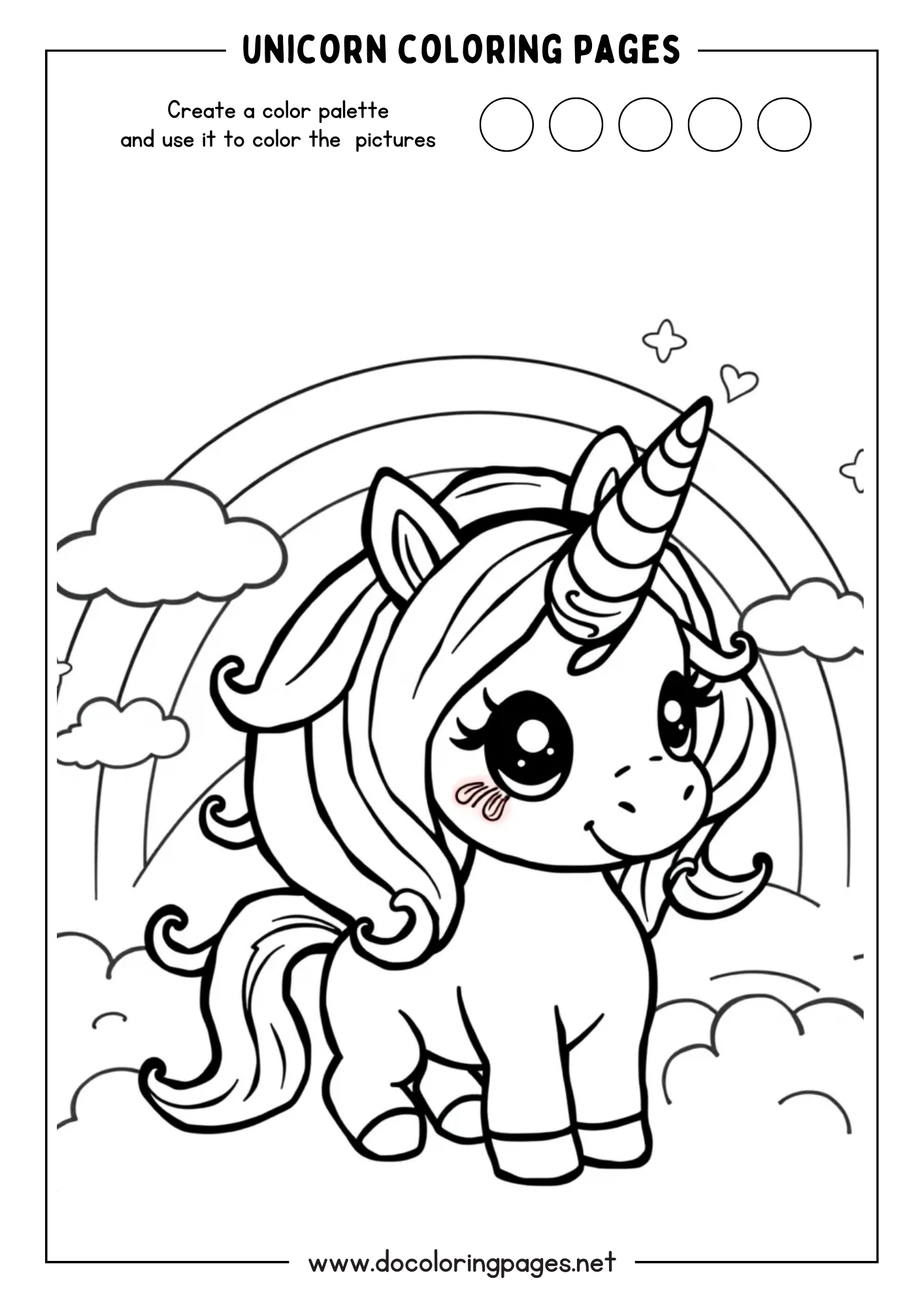 Cute unicorn coloring page of an adorable baby unicorn smiling, with hearts, rainbow, and clouds in the background.