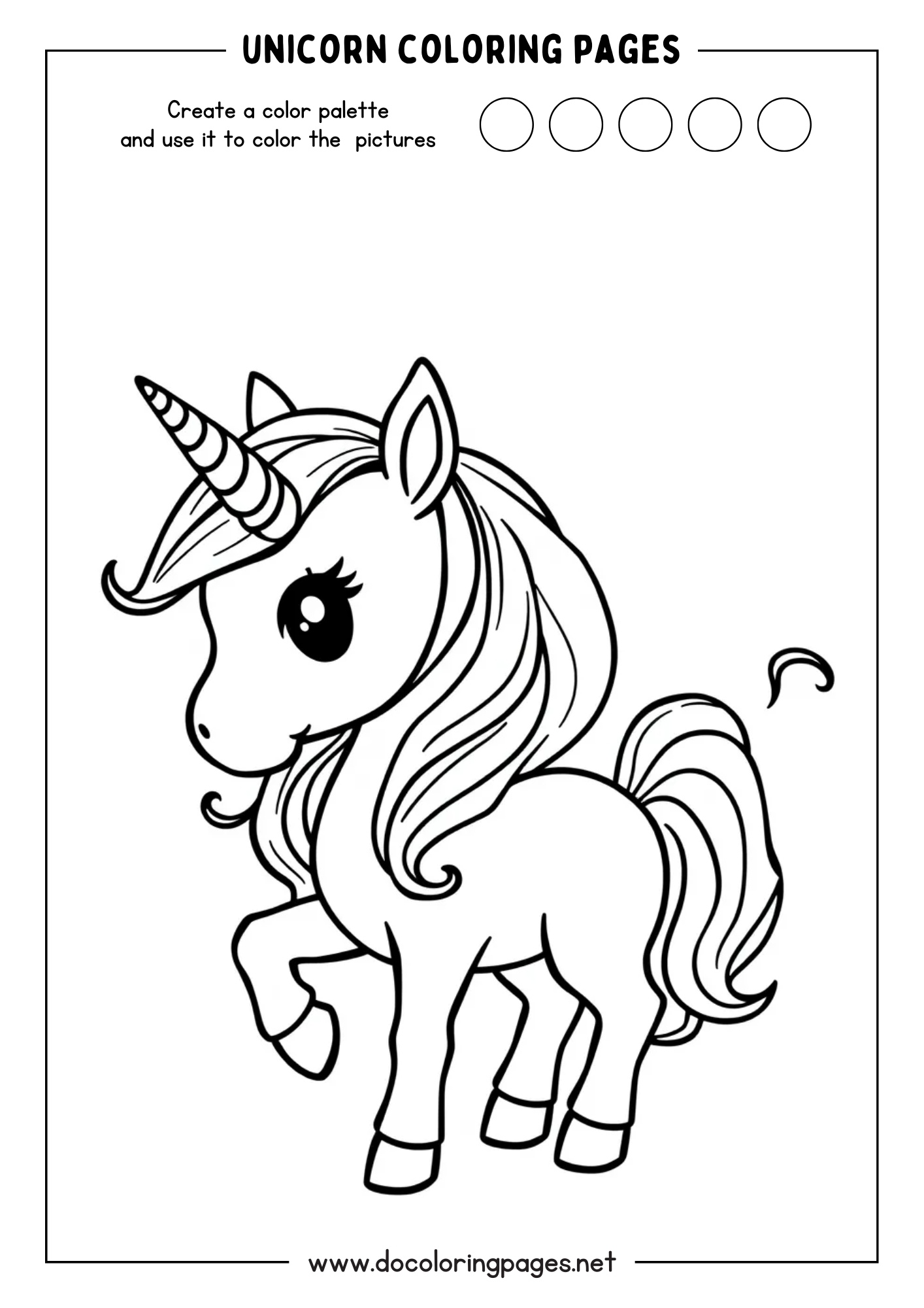Cute unicorn coloring page displaying a playful unicorn with curly hair lifting one leg, showcasing a joyful pose.
