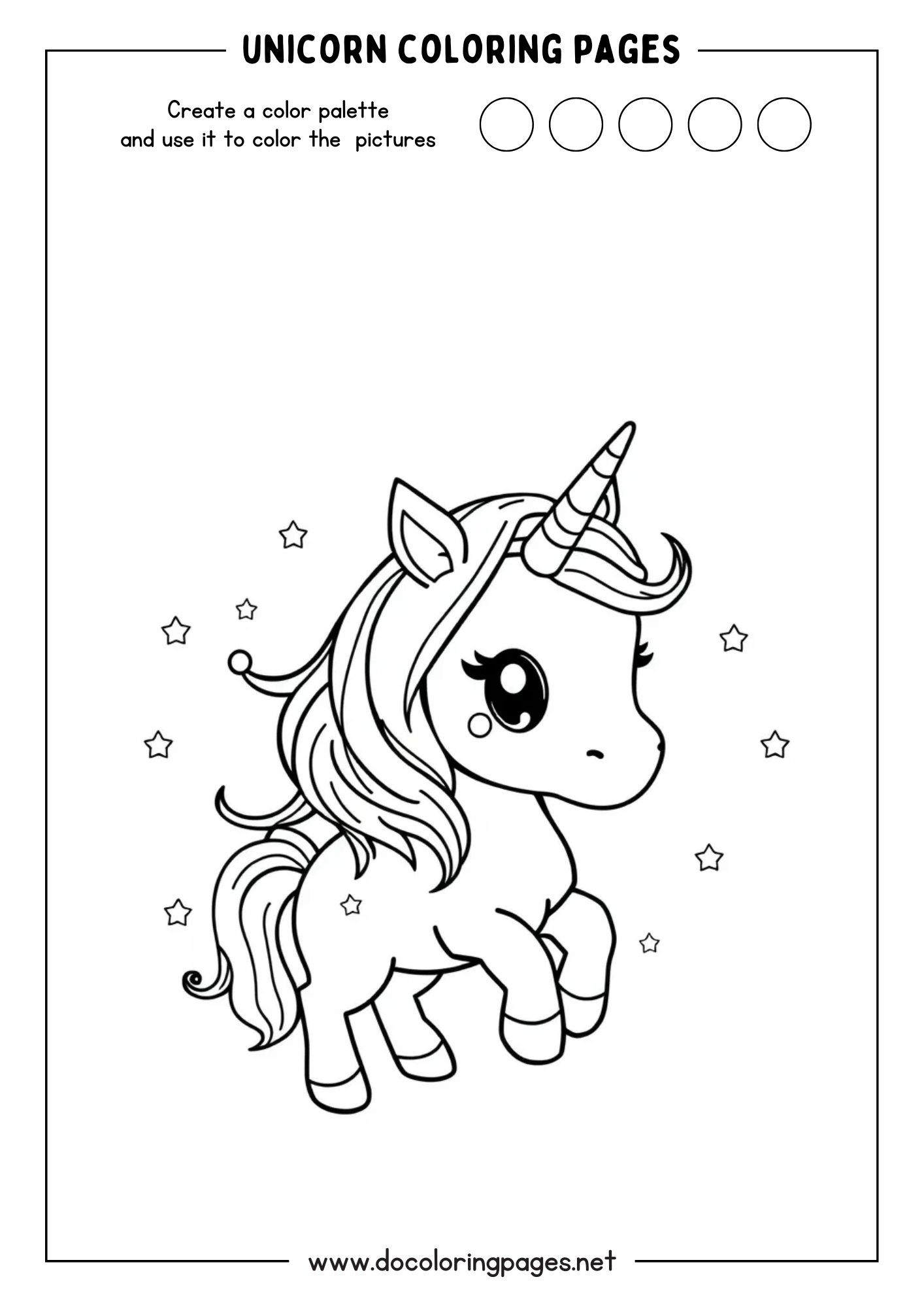 Cute unicorn coloring page depicting a playful unicorn with stars around it, showcasing a lively and magical vibe.
