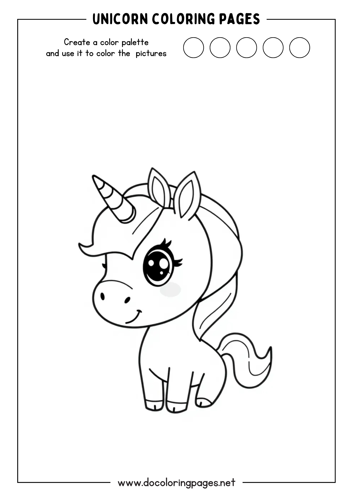 Cute unicorn coloring page with a small, smiling unicorn having a cheerful expression and curled tail.