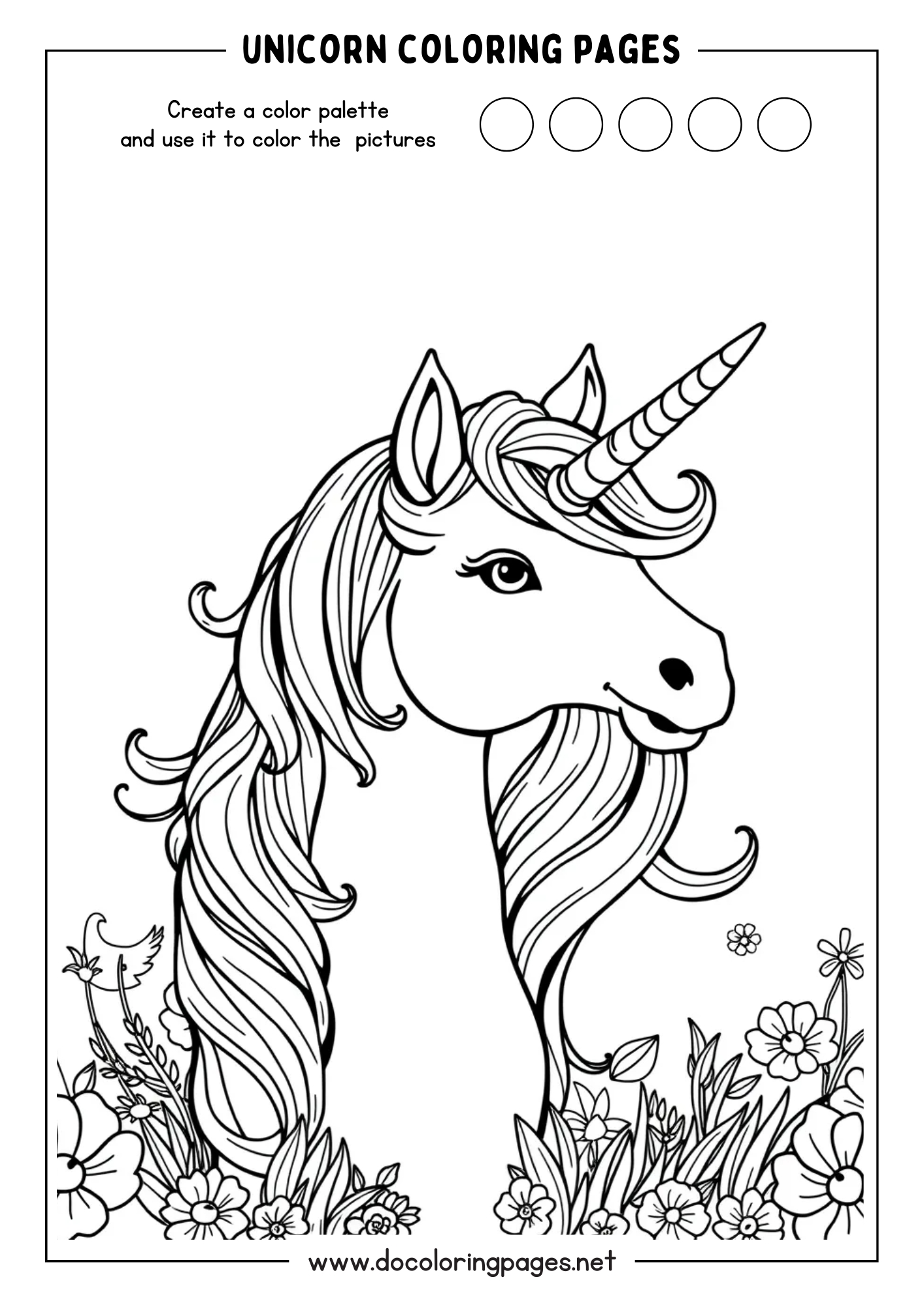 Detailed unicorn coloring page displaying an elegant unicorn surrounded by beautiful flowers and long flowing mane.