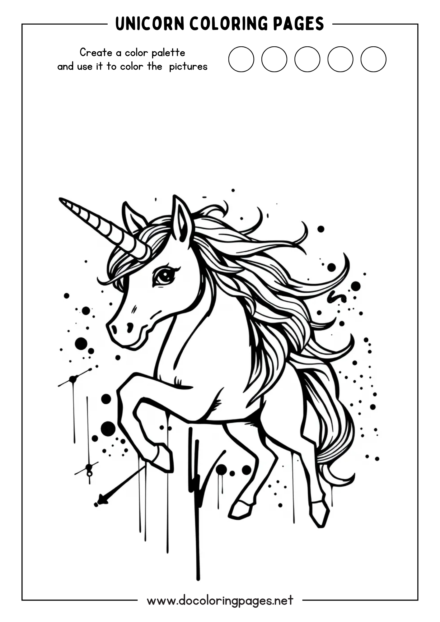 Cute unicorn coloring page showing an artistic and stylish unicorn with dynamic splashes and dots around it.