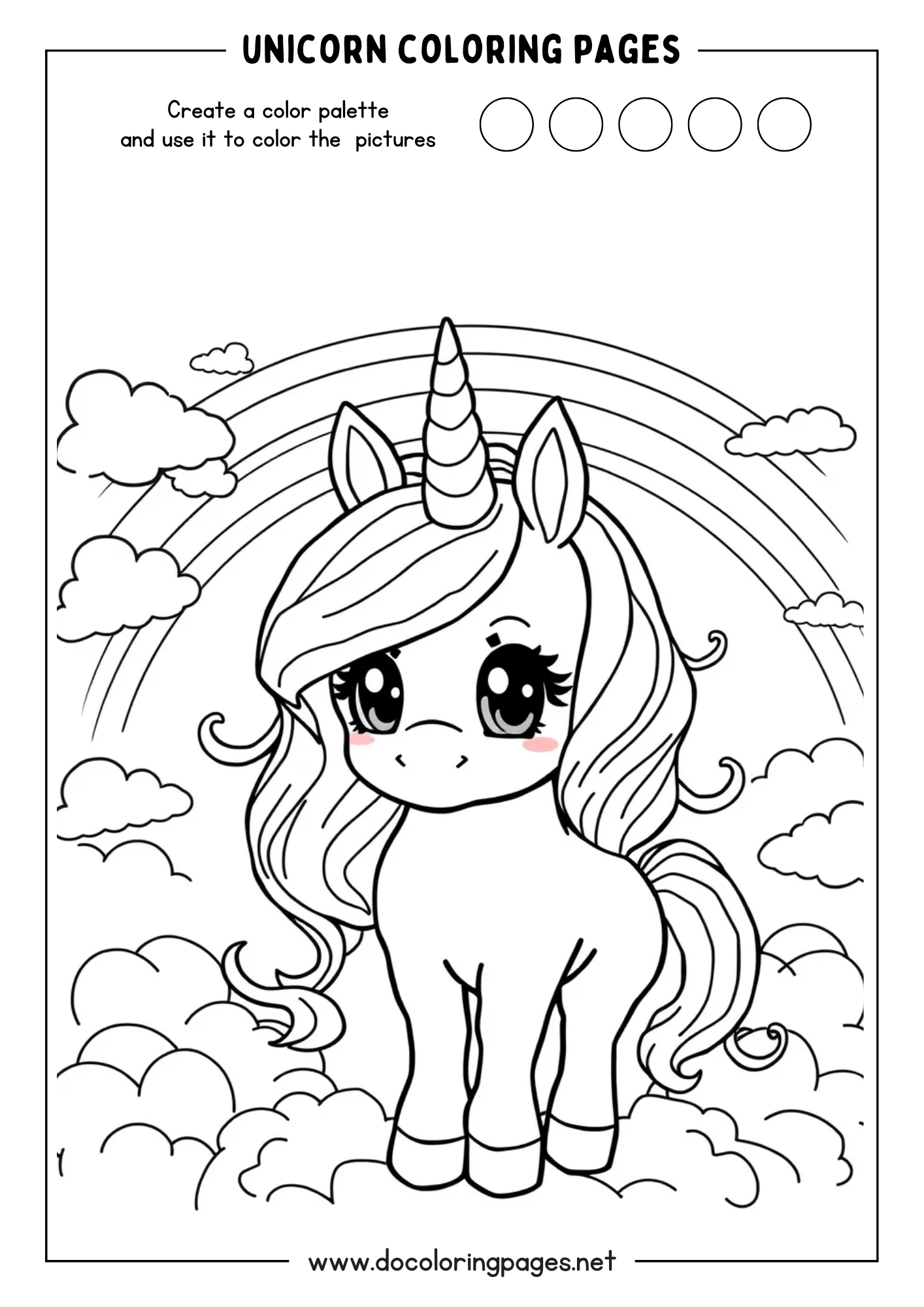 Cute unicorn coloring page featuring an adorable unicorn standing on clouds surrounded by a rainbow, portraying a magical scene.