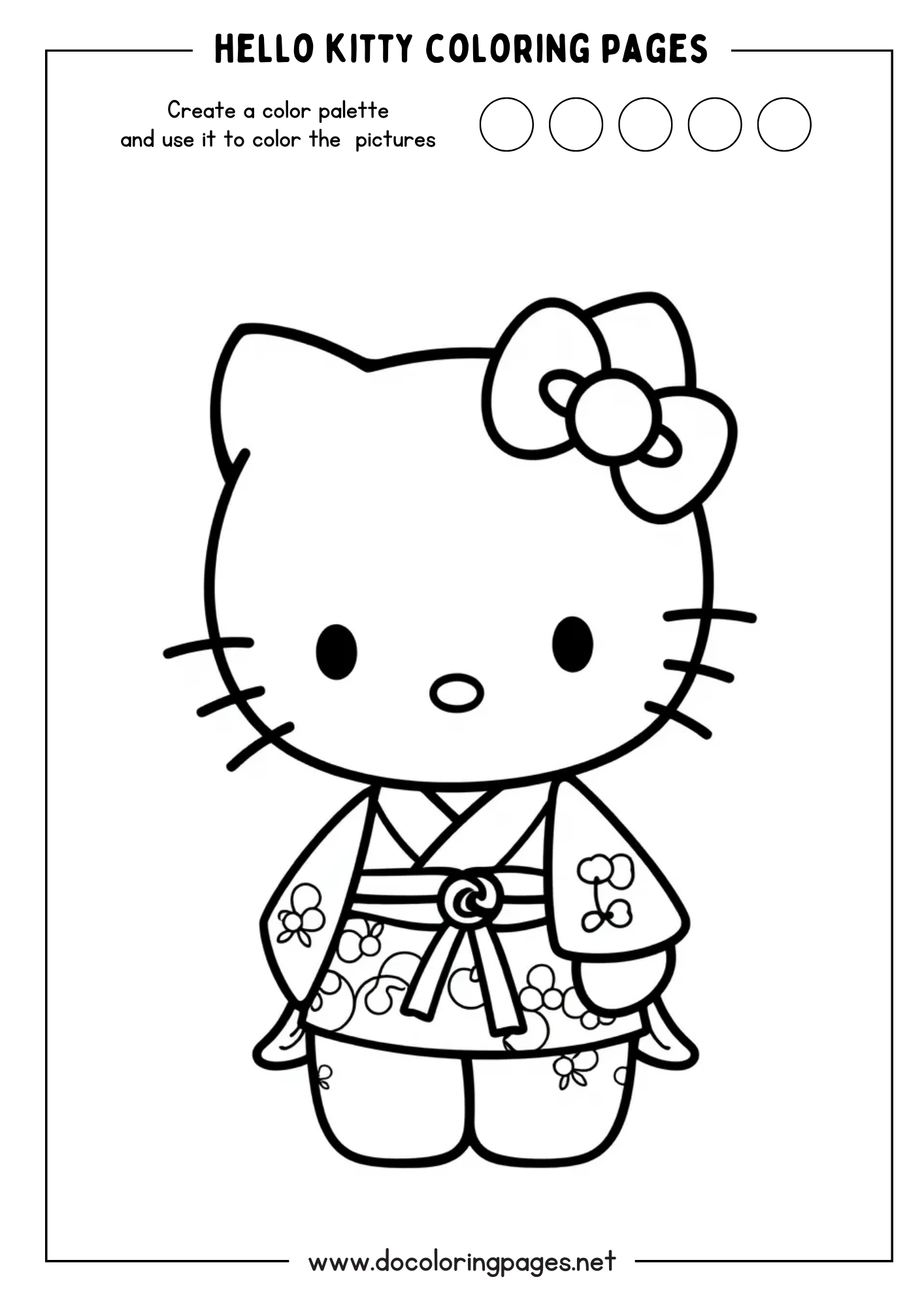A cultural Hello Kitty coloring page showing Hello Kitty dressed in a traditional Japanese kimono with floral patterns.