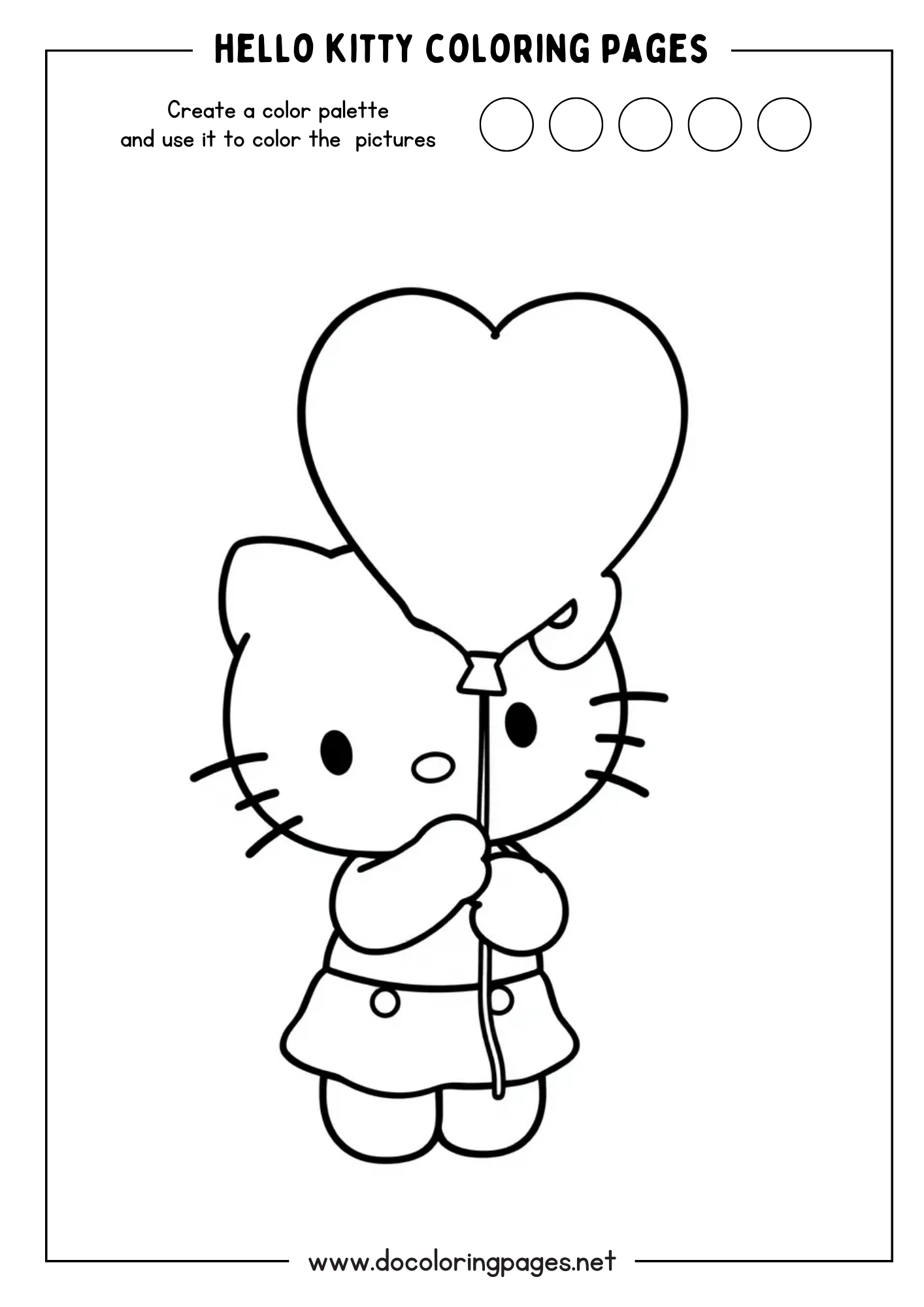 A cute outline of Hello Kitty holding a large heart-shaped balloon, a delightful addition to hello kitty coloring pages.