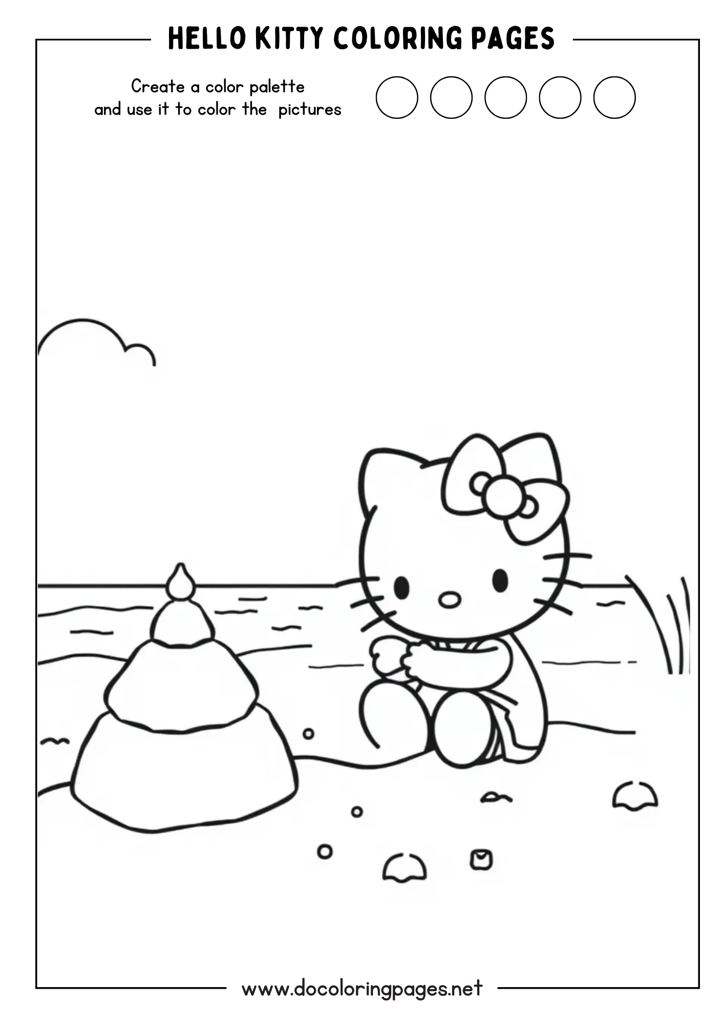 A coloring page featuring Hello Kitty sitting on a beach next to a sandcastle, with waves and clouds in the background, among popular hello kitty coloring pages.