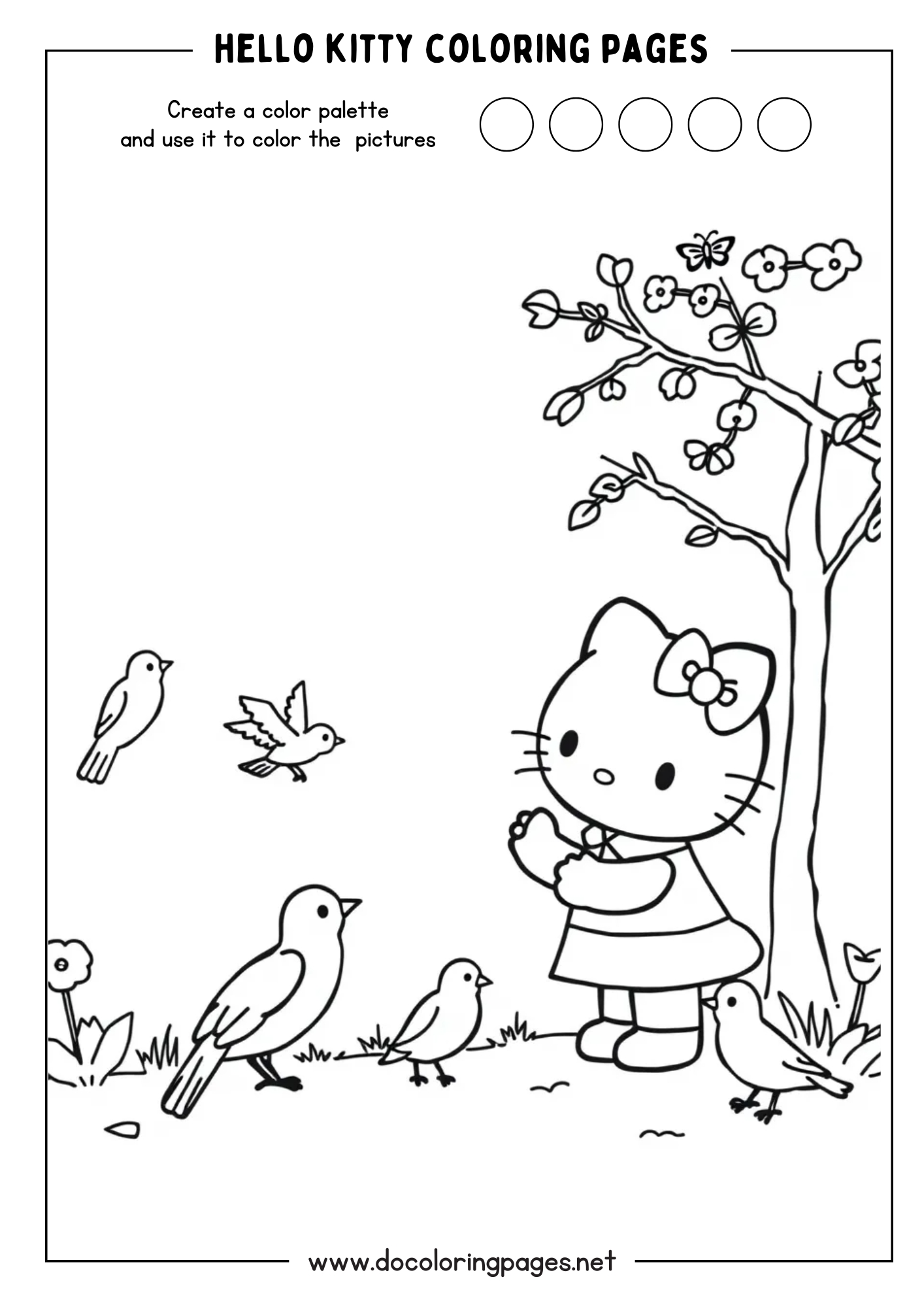 A charming scene for hello kitty coloring pages depicting Hello Kitty standing near a tree, observing four birds on the ground and in the air.