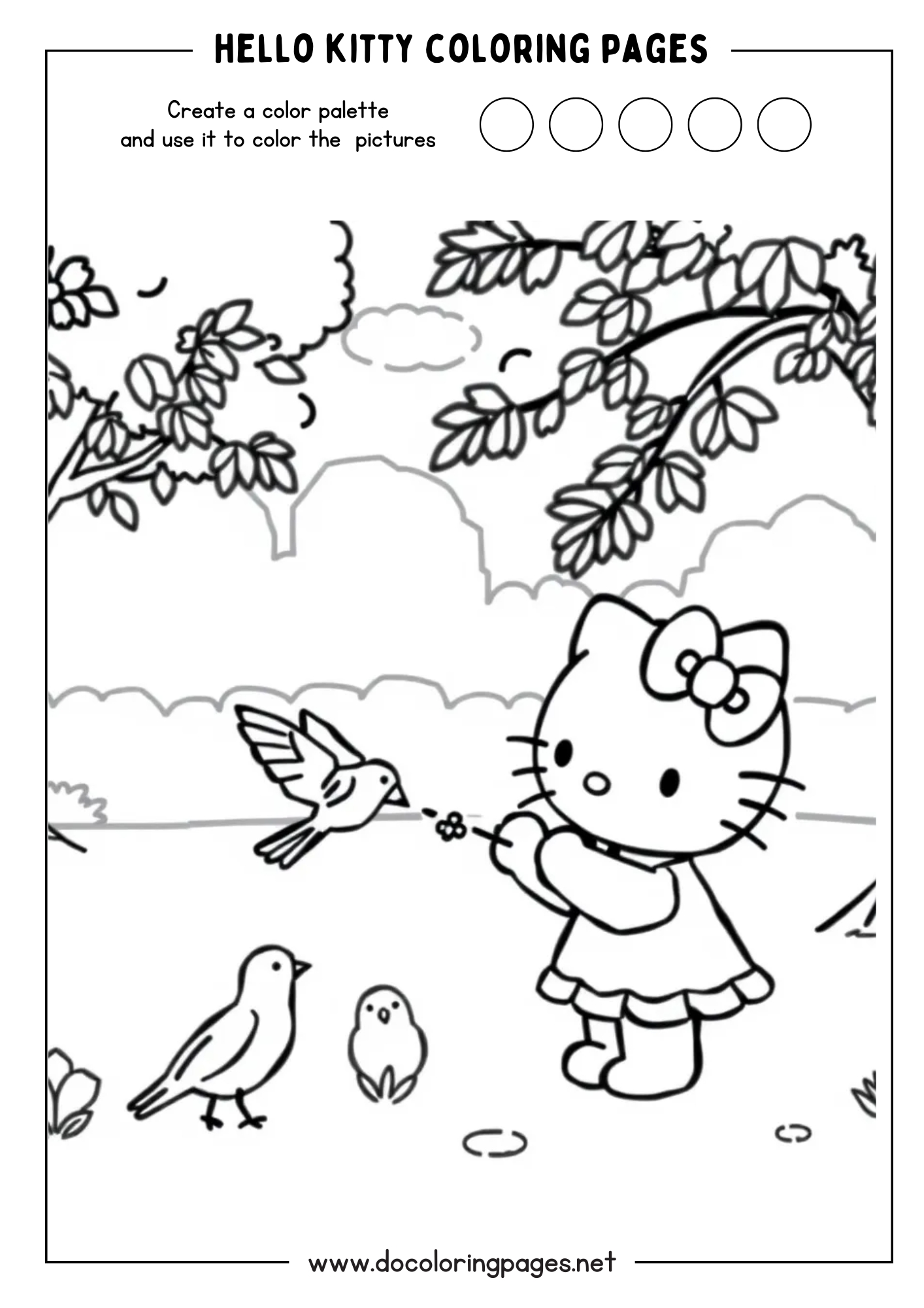 A heartwarming hello kitty coloring page illustrating Hello Kitty feeding a small bird, with other birds and foliage around.