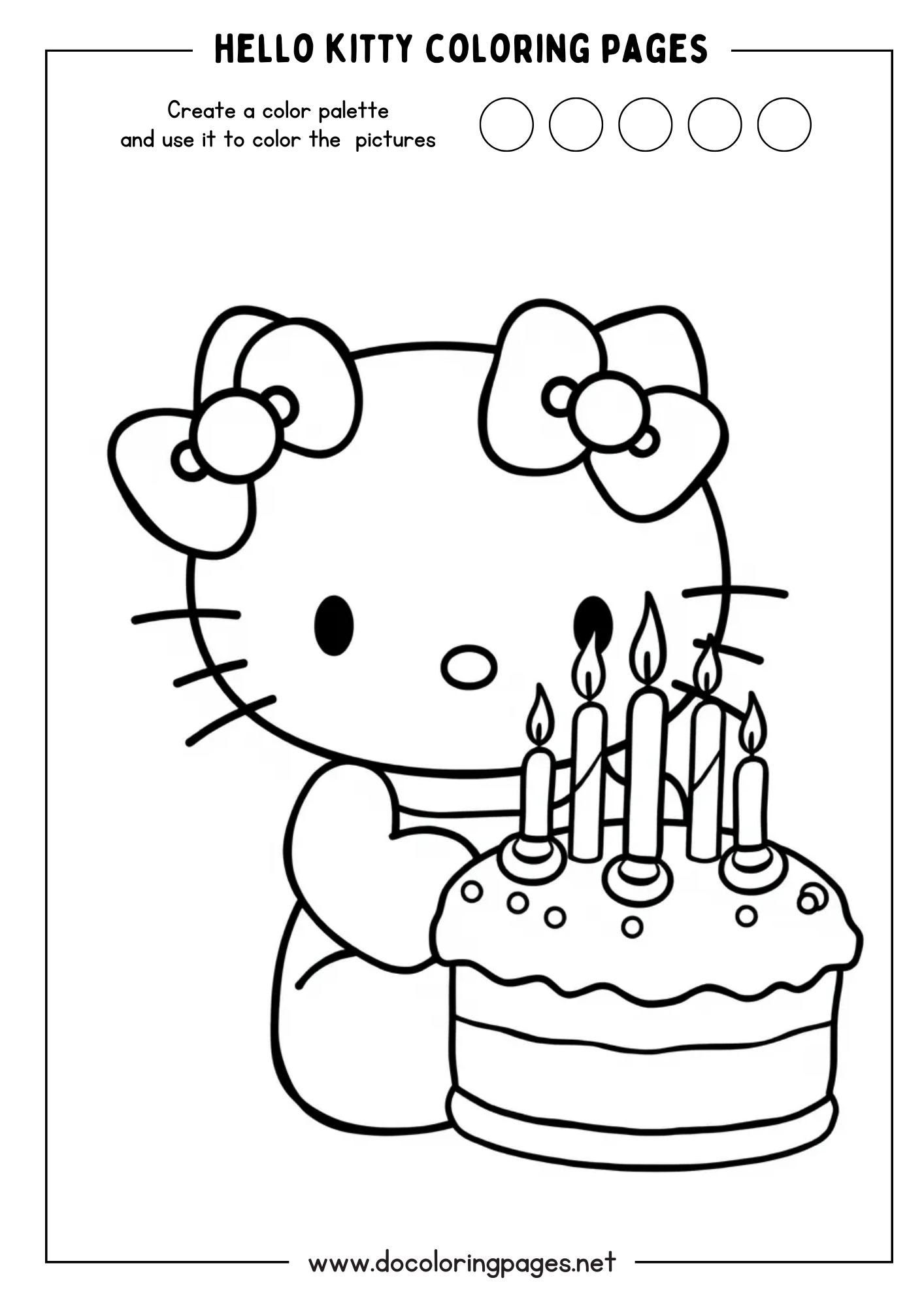 A black and white outline drawing of Hello Kitty holding a birthday cake with five lit candles, suitable for hello kitty coloring pages.