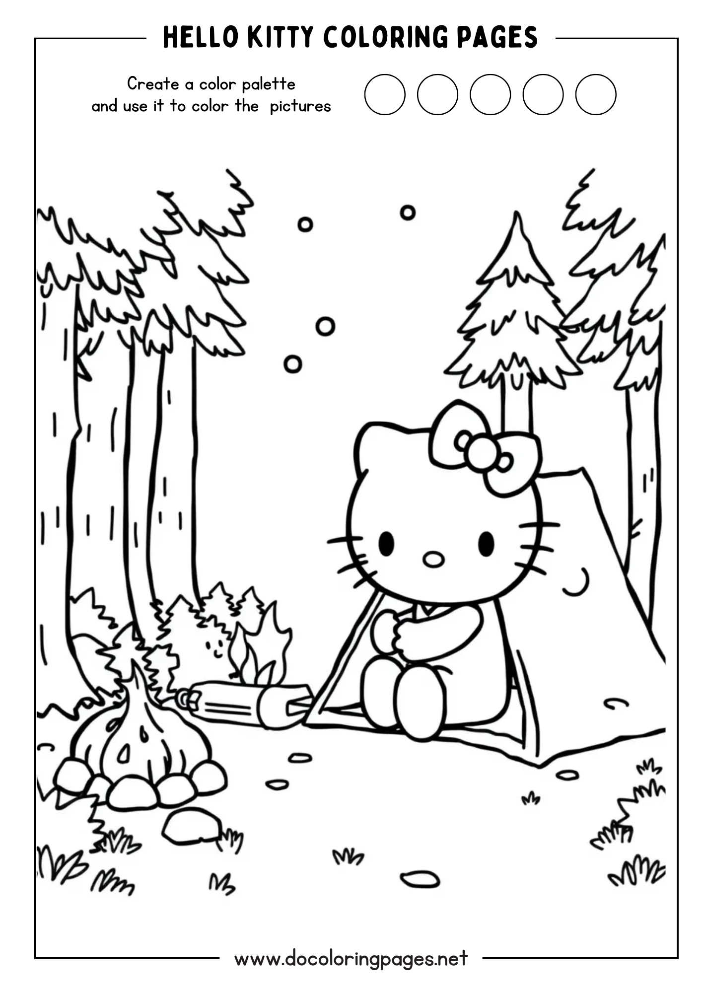 A fun hello kitty coloring page depicting Hello Kitty sitting outside a tent with a campfire, surrounded by trees, suggesting a camping scene.