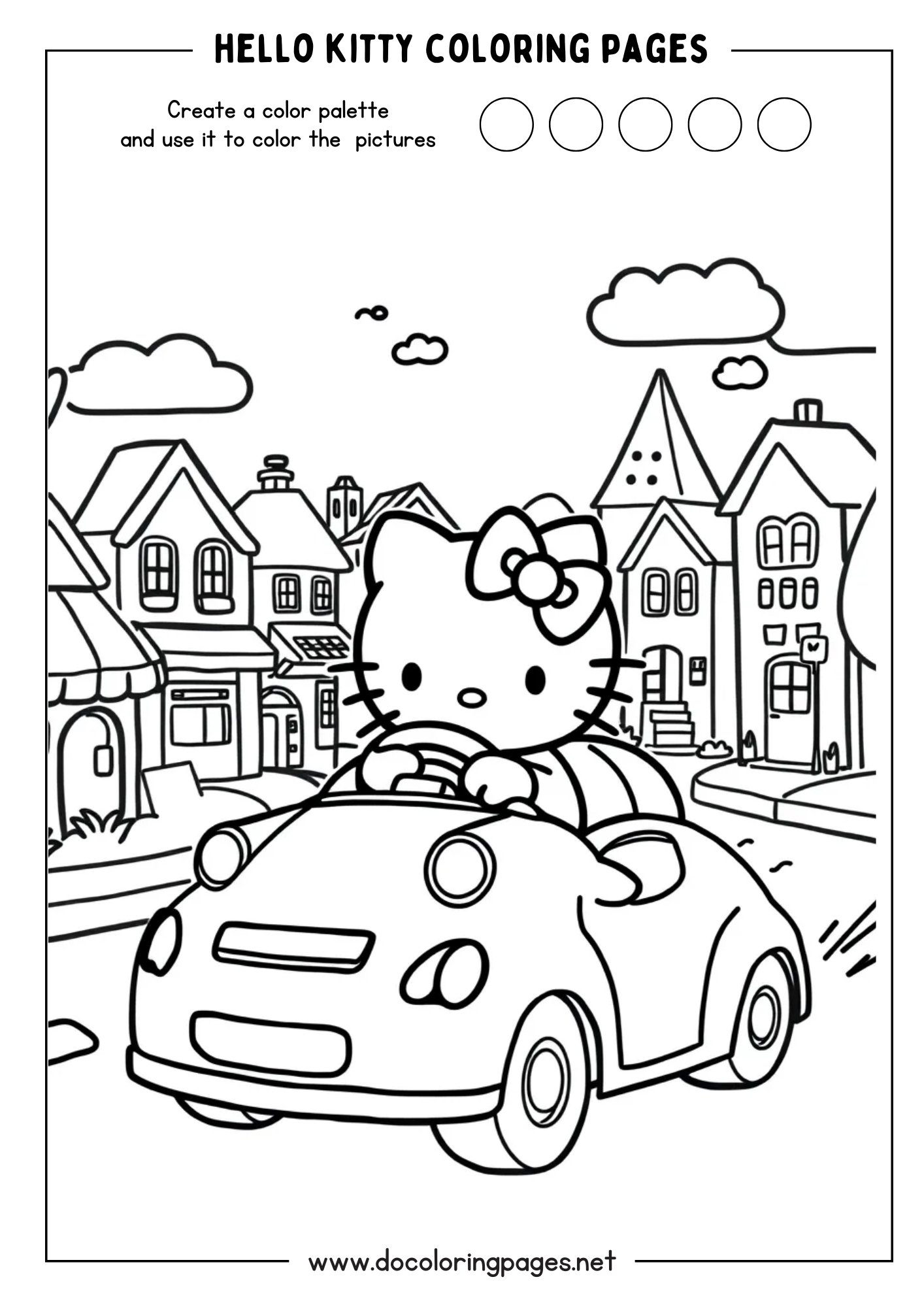 A detailed outline image for hello kitty coloring pages featuring Hello Kitty driving a small car through a neighborhood with houses and clouds.