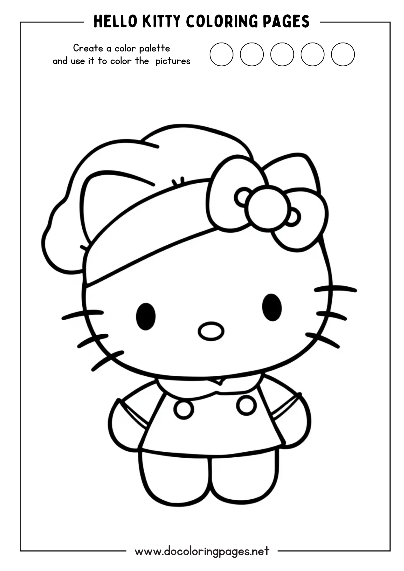 A simple line art drawing of Hello Kitty dressed as a chef with a hat and apron, perfect for hello kitty coloring pages.