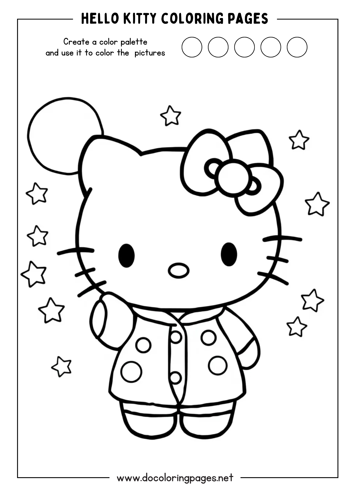 A simple and sweet Hello Kitty coloring page featuring Hello Kitty in a cozy outfit, surrounded by stars and a large circle, possibly representing the moon, ideal for hello kitty coloring pages.
