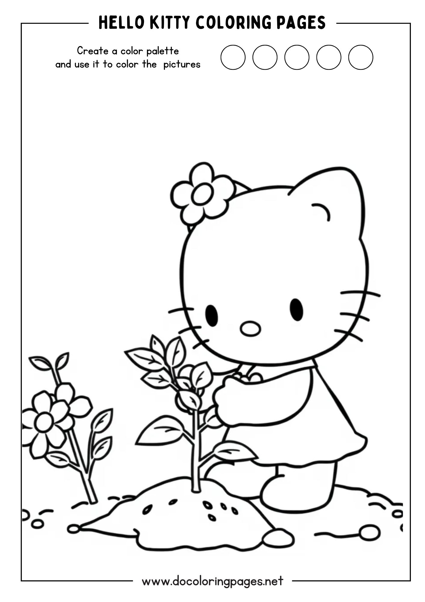A sweet Hello Kitty coloring page featuring Hello Kitty planting a small sapling next to blooming flowers, emphasizing gardening.