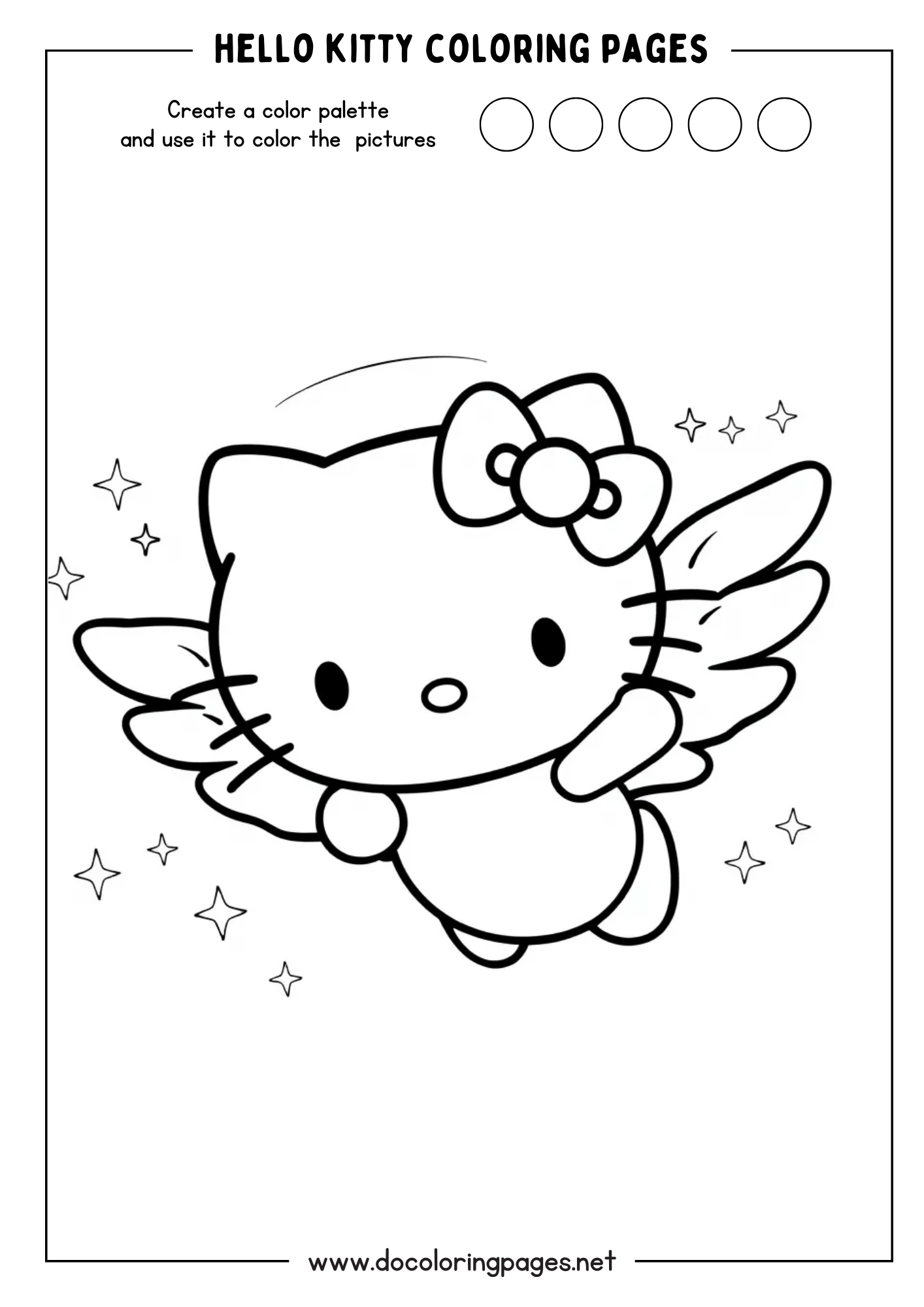 An adorable Hello Kitty coloring page illustrating Hello Kitty with small wings, flying and surrounded by sparkling stars, giving a magical feel.