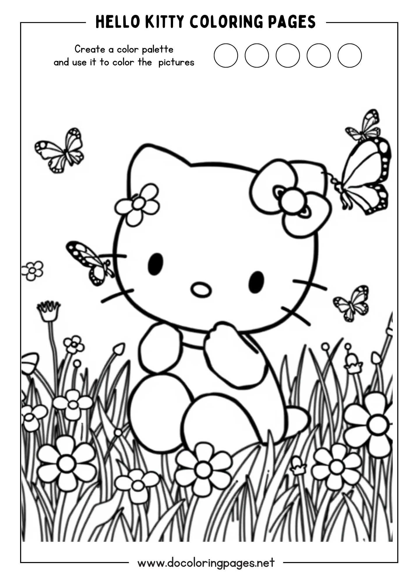 A charming Hello Kitty coloring page depicting Hello Kitty sitting in a flower garden, surrounded by various blooming flowers and butterflies flying around.