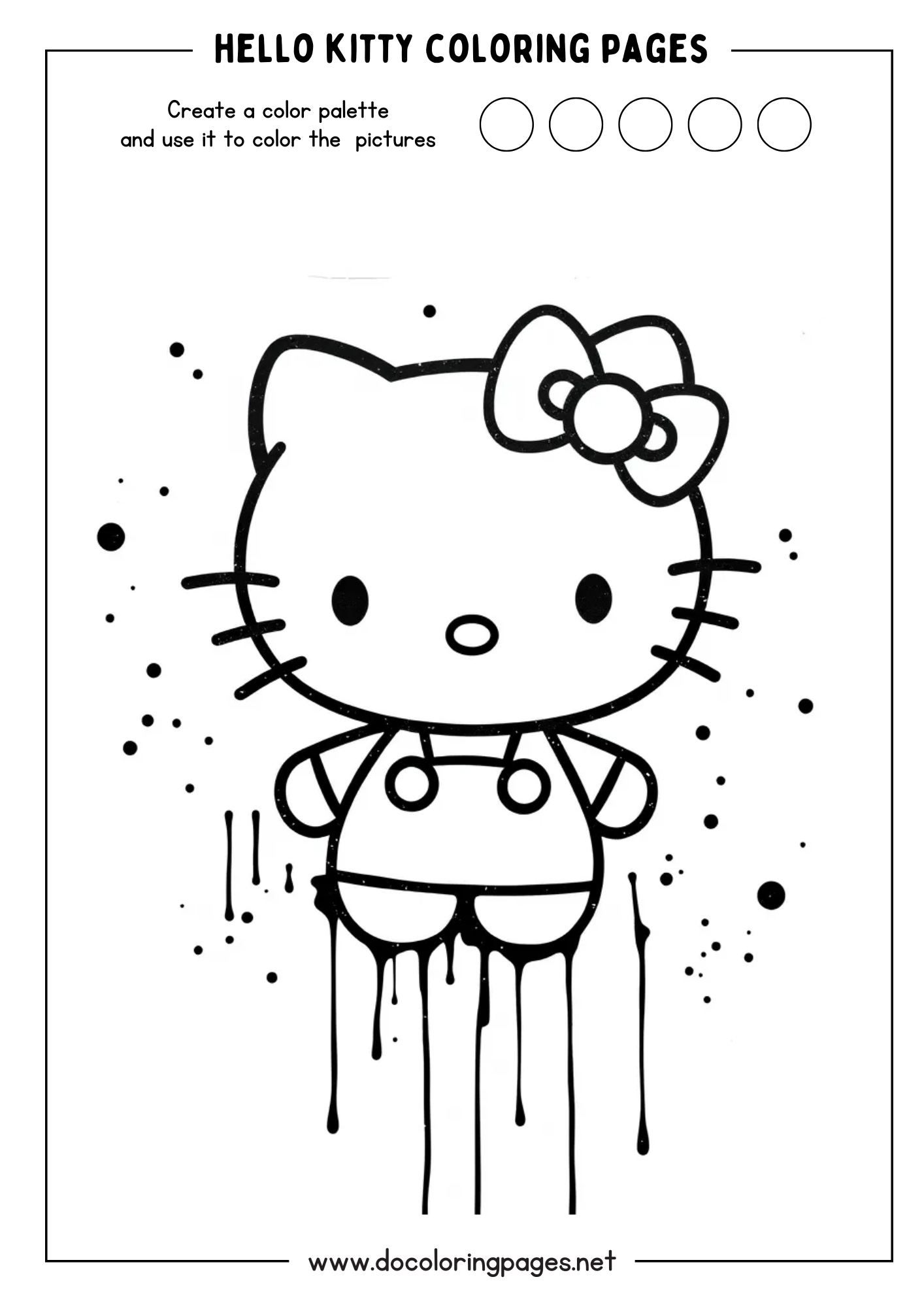 A unique Hello Kitty coloring page with Hello Kitty in a graffiti style, featuring paint drips below her and splatters around her, perfect for a modern twist on hello kitty coloring pages.