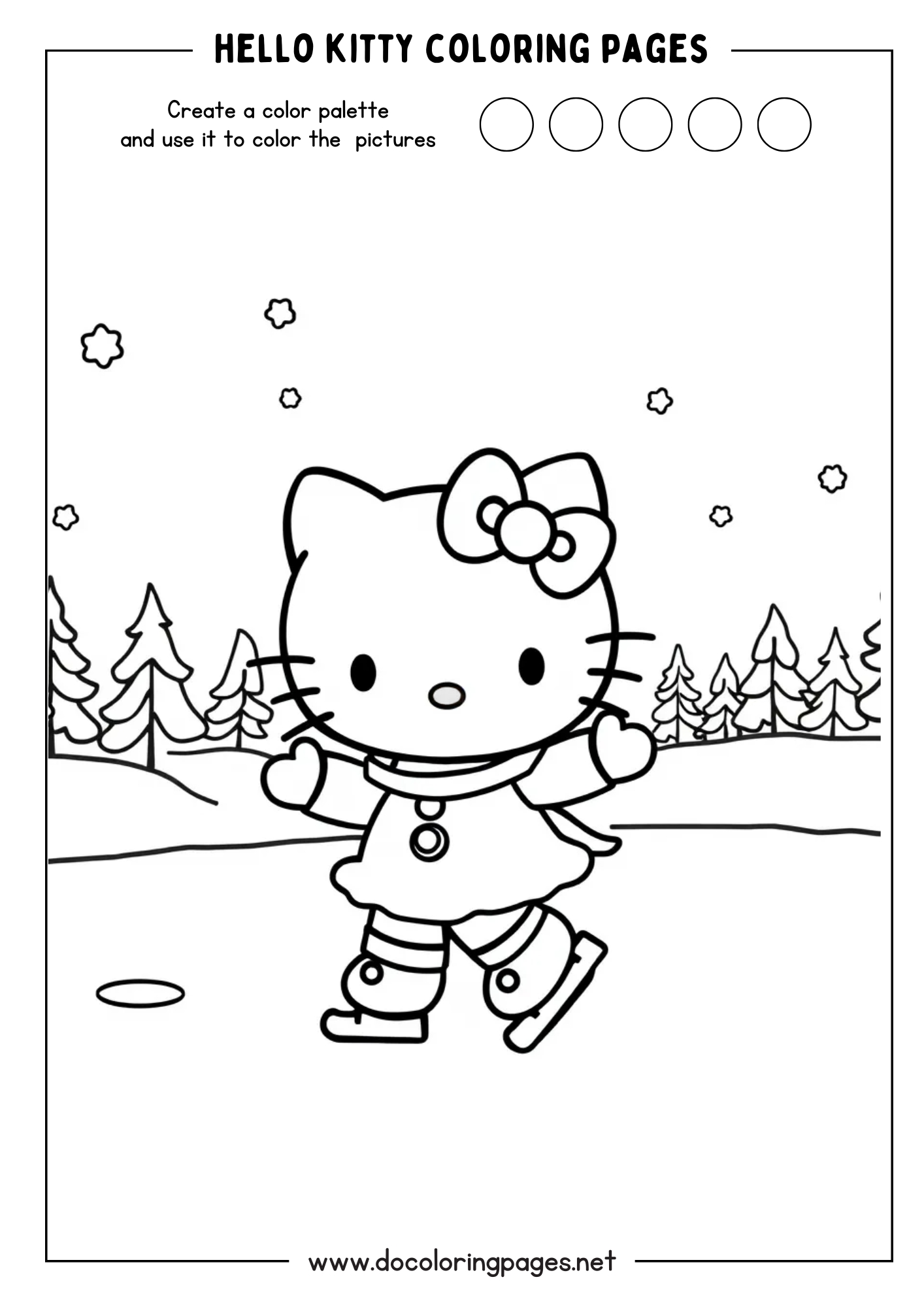 This Hello Kitty coloring page shows Hello Kitty ice skating in a winter landscape with snow and pine trees, with falling snowflakes.