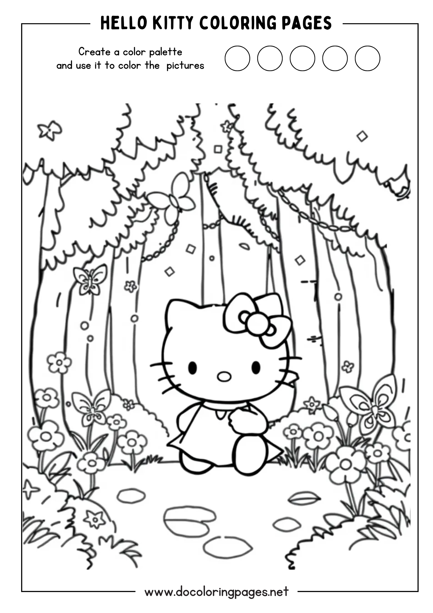 A jungle-themed Hello Kitty coloring page showing Hello Kitty standing in a lush forest with tall trees and butterflies, with flowers on the ground.