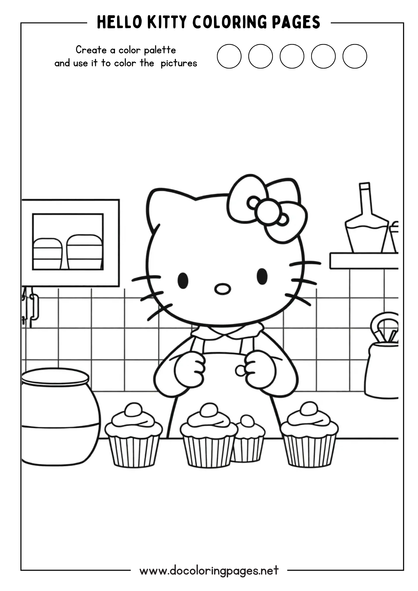 A kitchen-themed Hello Kitty coloring page where Hello Kitty is shown baking, standing in front of a counter with four cupcakes and other kitchen items like a jar and bottle.