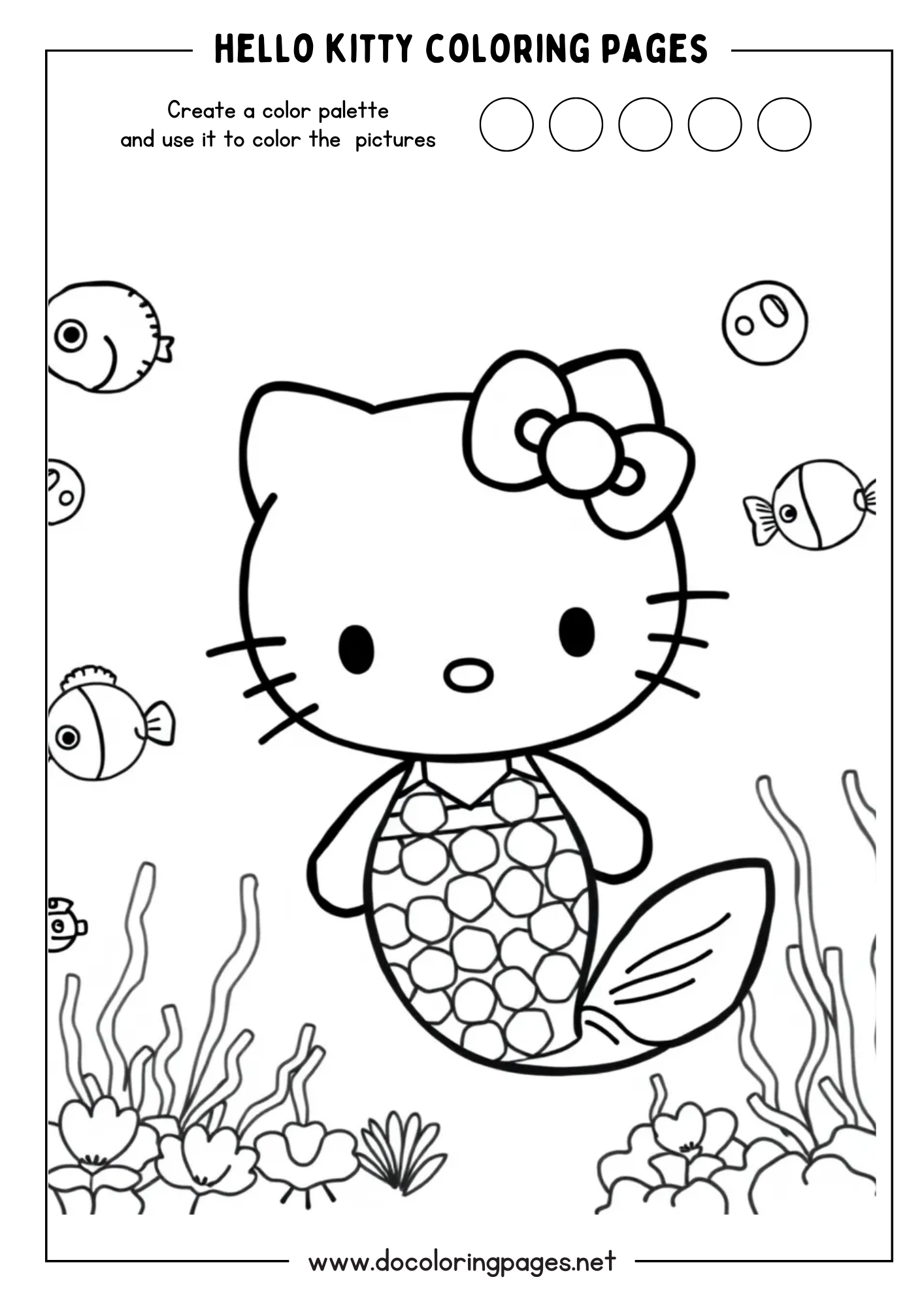 A delightful Hello Kitty coloring page featuring Hello Kitty as a mermaid with a scaly tail, surrounded by various fish and underwater plants.