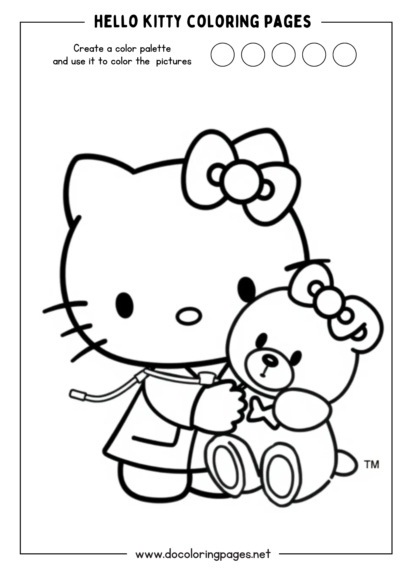 A heartwarming Hello Kitty coloring page featuring Hello Kitty dressed as a nurse, gently holding a teddy bear.