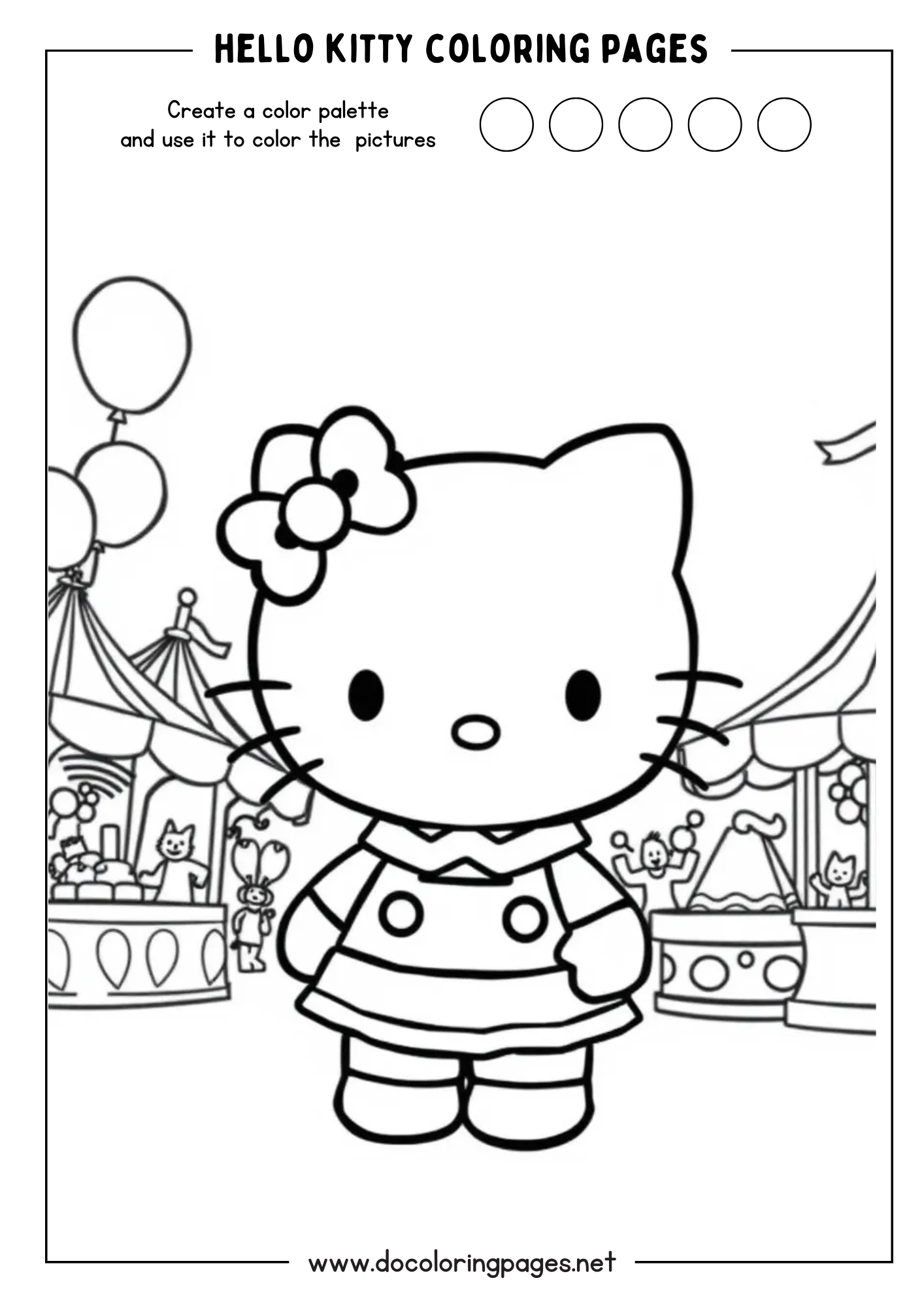 A lively Hello Kitty coloring page set in a park or carnival, with Hello Kitty in the foreground and various stalls and balloons in the background.