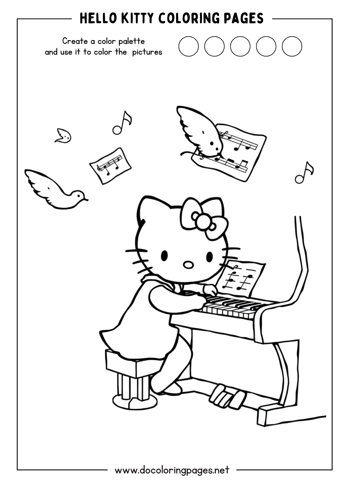 A charming Hello Kitty coloring page featuring Hello Kitty playing the piano, with musical notes and two small birds with music sheets flying around.