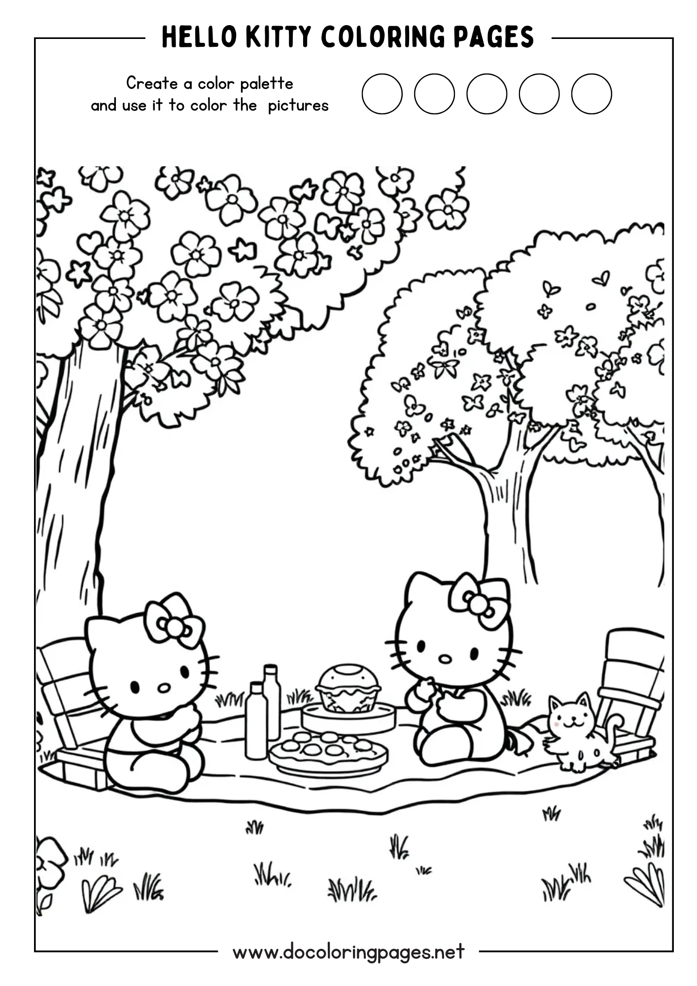 A delightful Hello Kitty coloring page portraying a picnic scene with two Hello Kitties, a cat, a picnic blanket, and food under two blossoming trees.