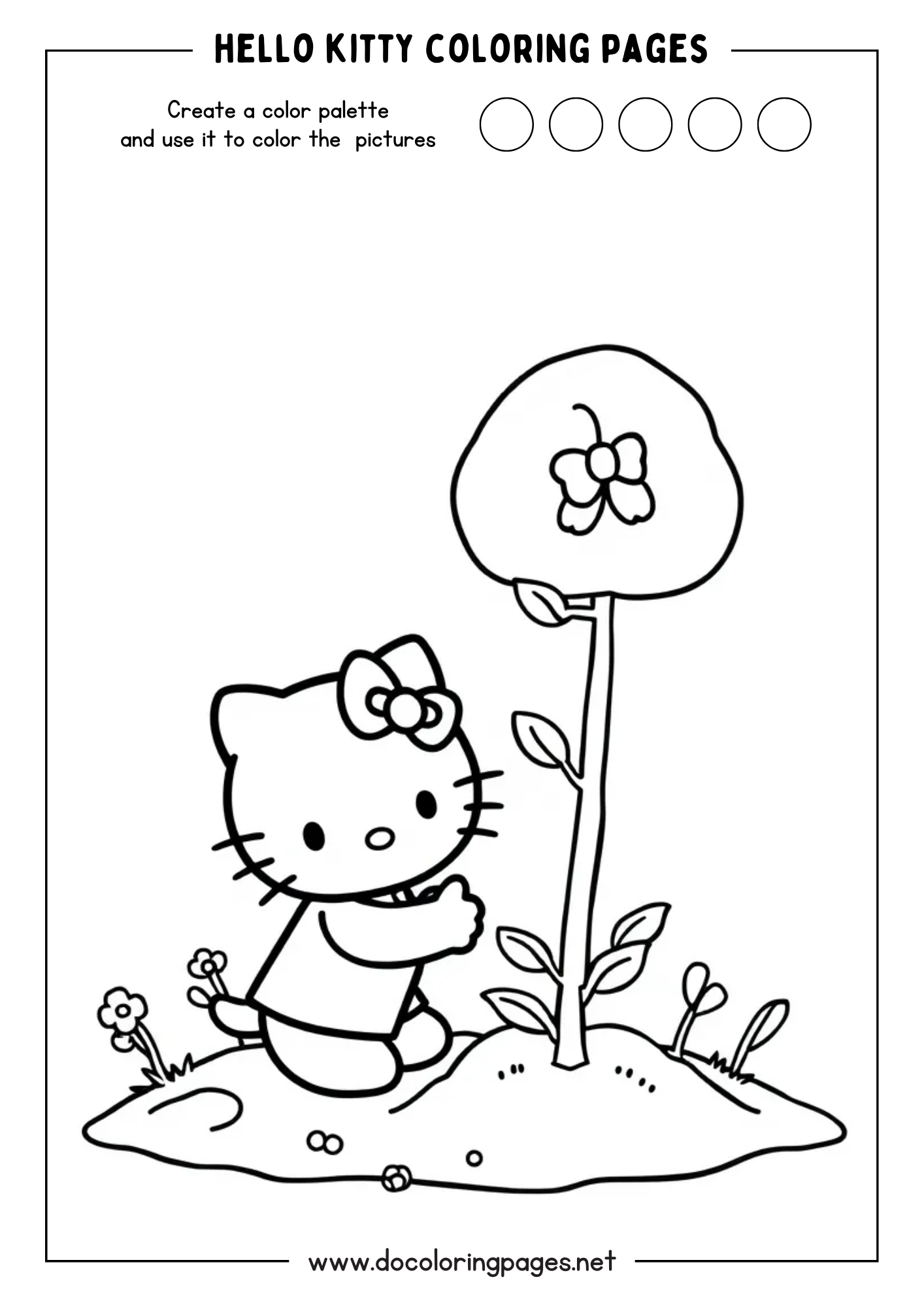 A nature-themed Hello Kitty coloring page where Hello Kitty is shown kneeling beside a newly planted tree with a large blossom.