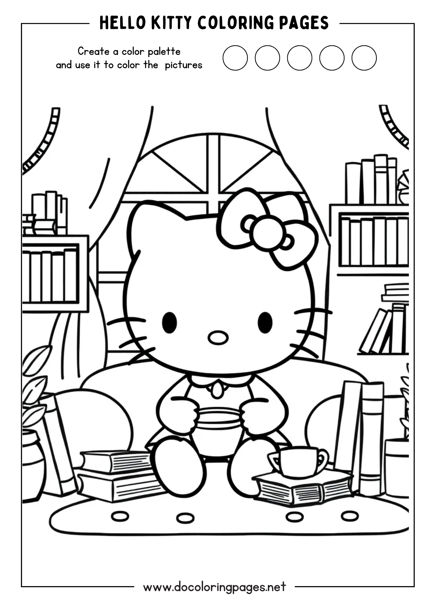 A cozy Hello Kitty coloring page featuring Hello Kitty sitting in a room surrounded by bookshelves filled with books, holding a cup, perfect for quiet hello kitty coloring pages.