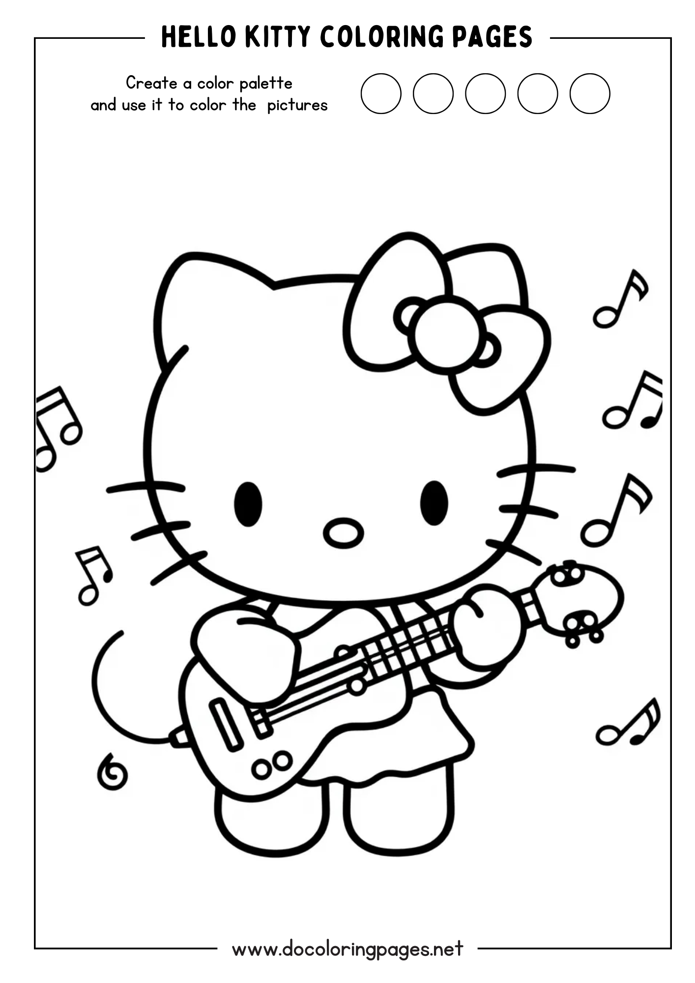 A musical Hello Kitty coloring page depicting Hello Kitty playing a guitar, with musical notes floating around, ideal for creative hello kitty coloring pages.