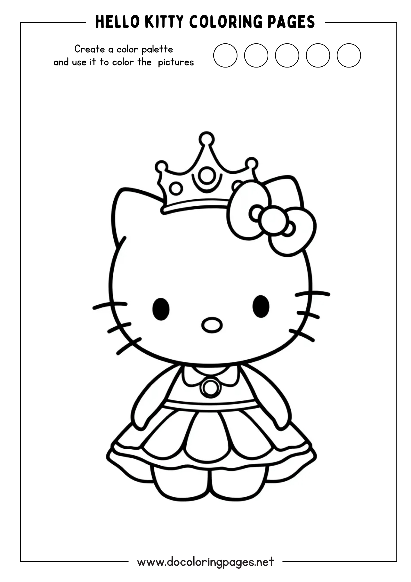 A regal Hello Kitty coloring page showing Hello Kitty wearing a princess gown and a crown, perfect for princess-themed hello kitty coloring pages.