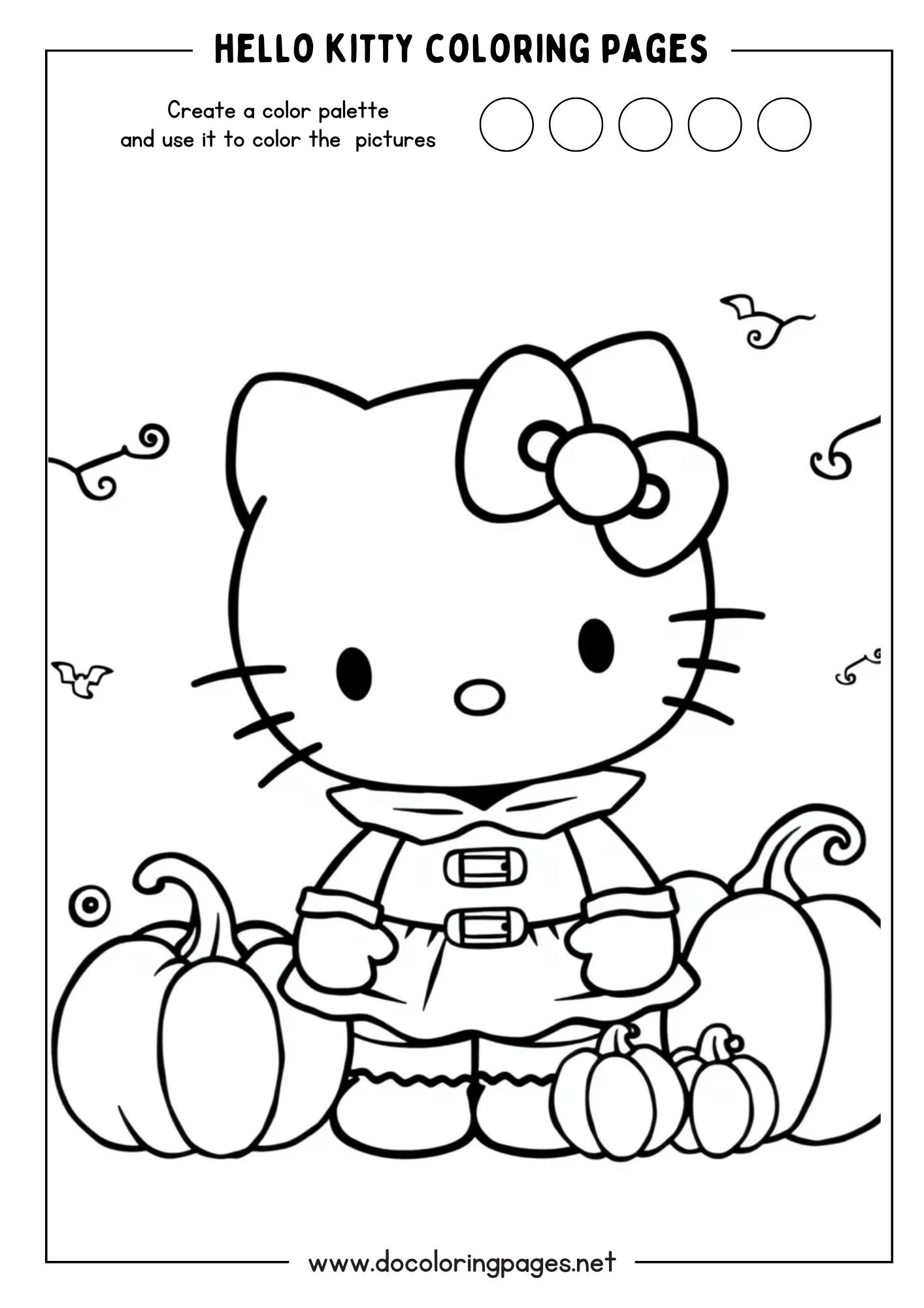A festive Halloween Hello Kitty coloring page showing Hello Kitty dressed up, surrounded by various pumpkins and decorative bat and swirl elements.