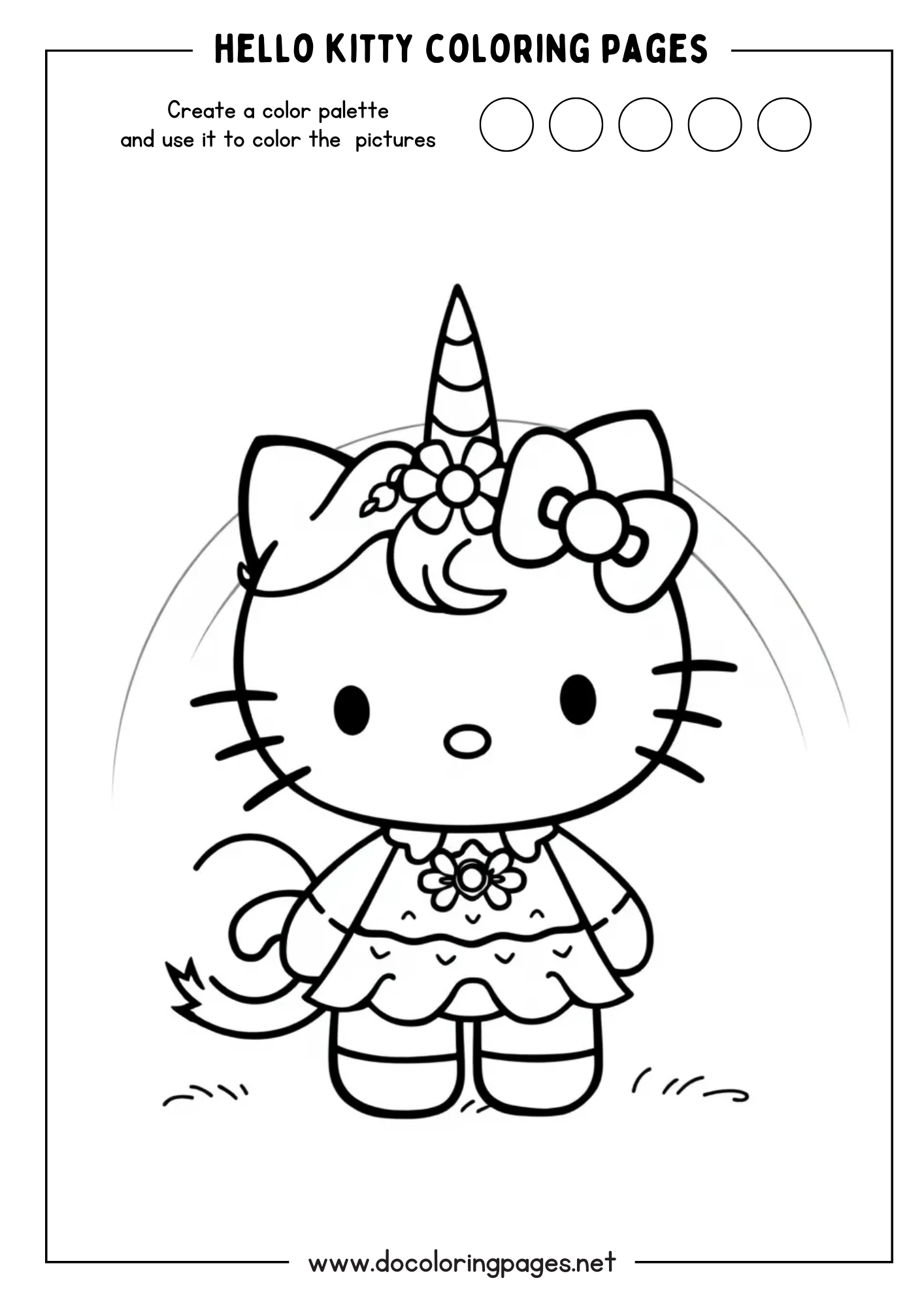 A whimsical Hello Kitty coloring page where Hello Kitty is depicted as a unicorn with a horn and floral headpiece, with a faint rainbow arching behind her, adding a magical touch to hello kitty coloring pages.