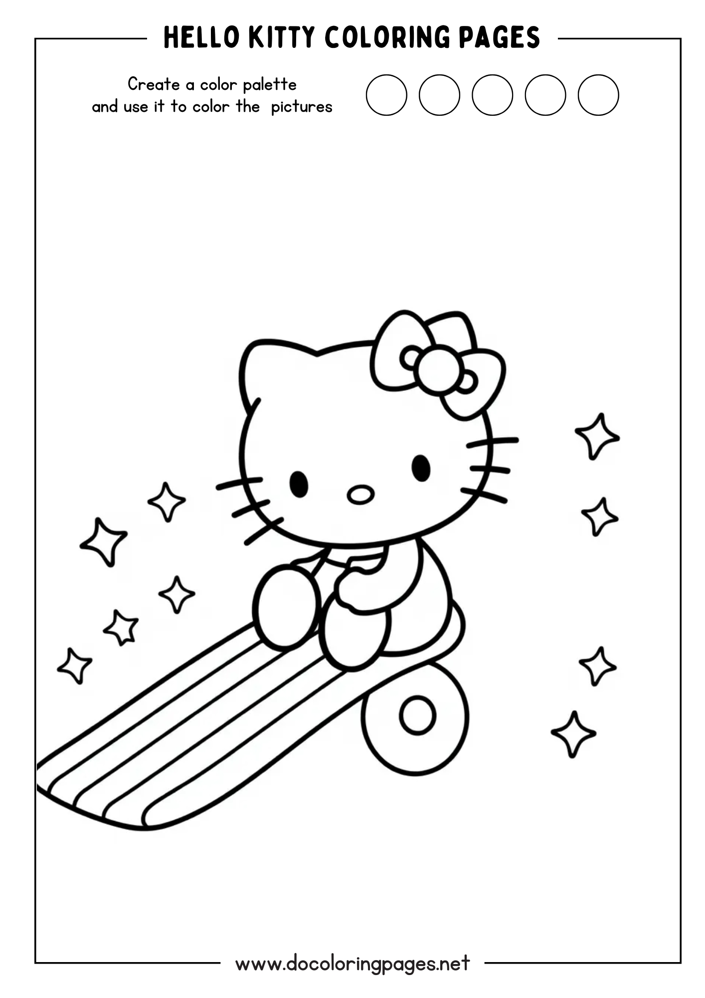 A playful Hello Kitty coloring page showing Hello Kitty sitting at the top of a slide, surrounded by stars, ready for a colorful adventure.