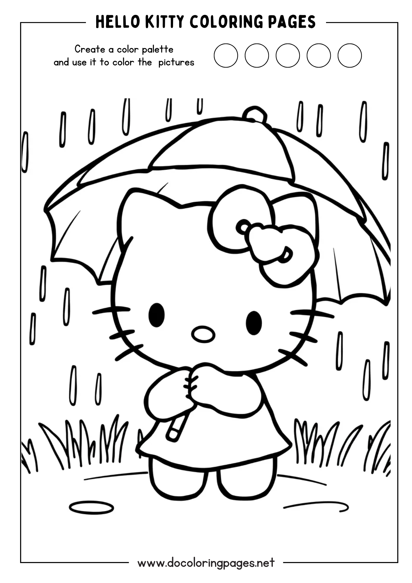 A charming Hello Kitty coloring page illustrating Hello Kitty holding an umbrella while raindrops fall around her, with grass at her feet.