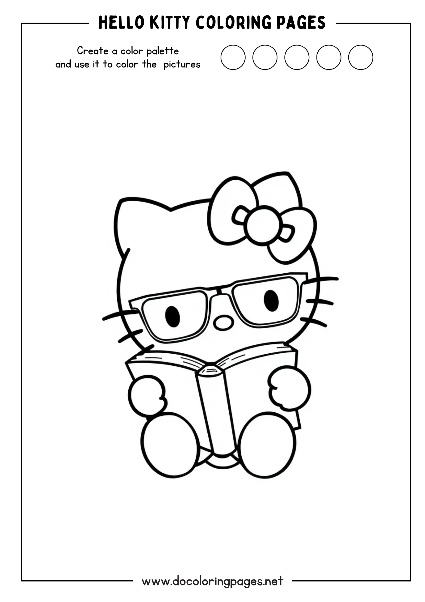 A delightful Hello Kitty coloring page featuring Hello Kitty wearing glasses and engrossed in reading an open book.