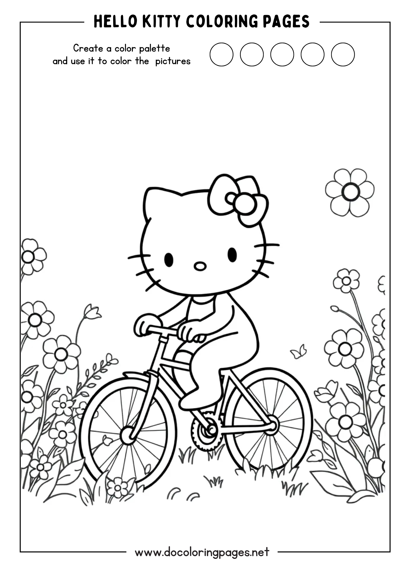 A cheerful Hello Kitty coloring page where Hello Kitty is riding a bicycle through a field of flowers, perfect for outdoor-themed hello kitty coloring pages.