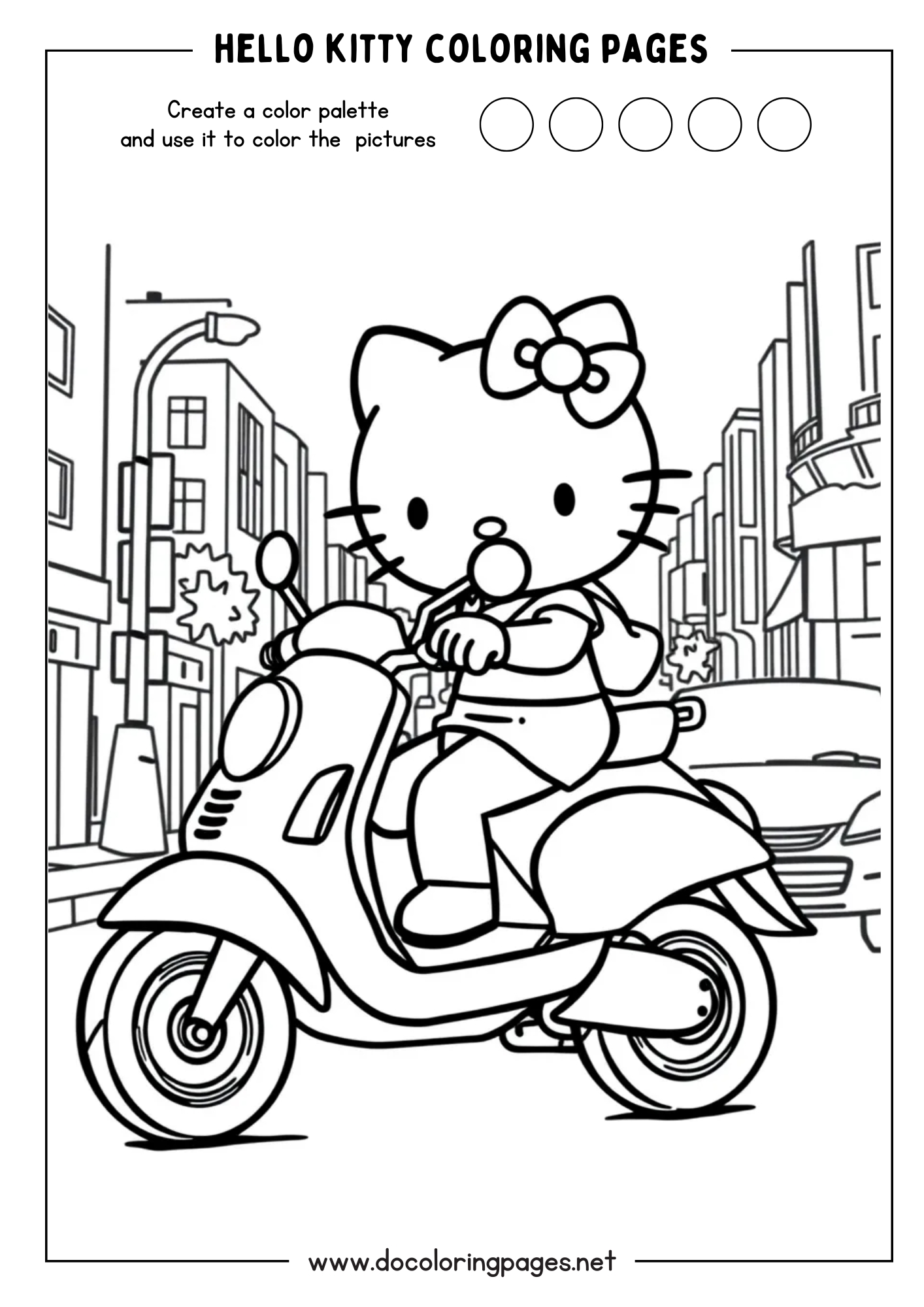 An urban Hello Kitty coloring page showing Hello Kitty riding a scooter through a city street with buildings in the background.