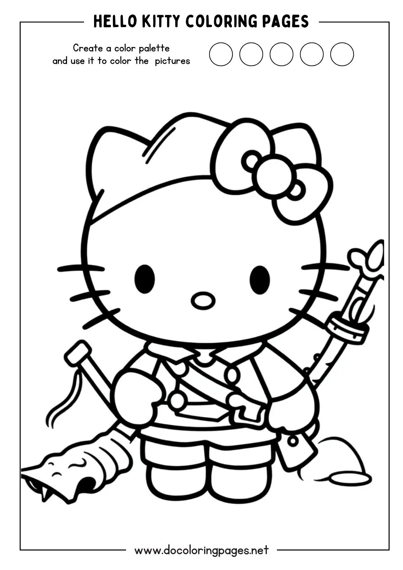 A unique Hello Kitty coloring page depicting Hello Kitty dressed as a samurai with traditional Japanese attire and weapons.
