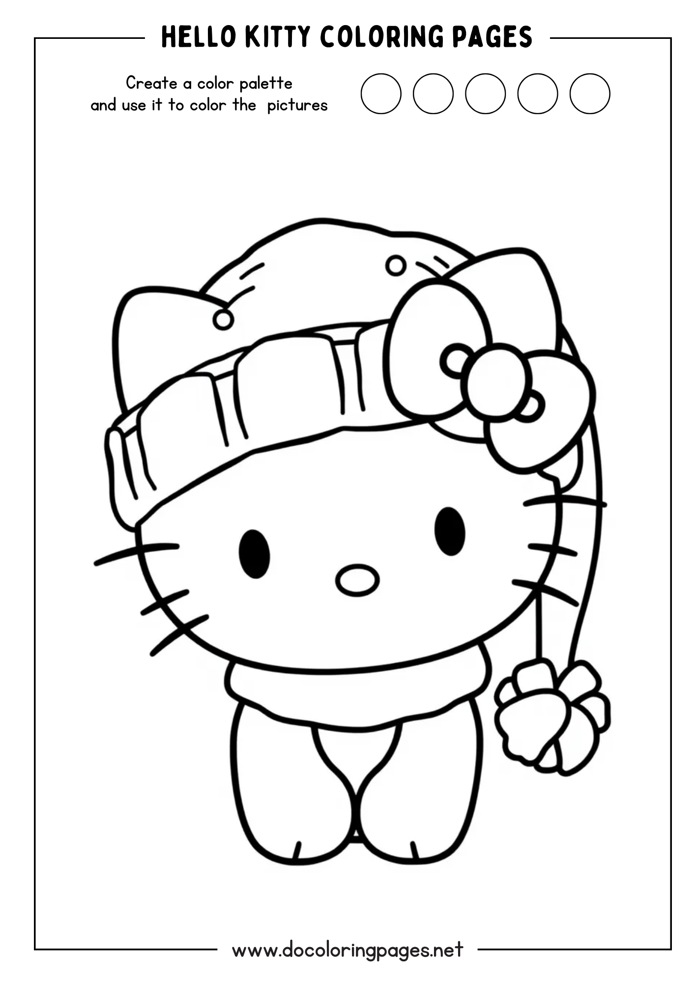 A charming close-up Hello Kitty coloring page of Hello Kitty wearing a cozy winter hat with a pom-pom and a scarf, ideal for seasonal hello kitty coloring pages.