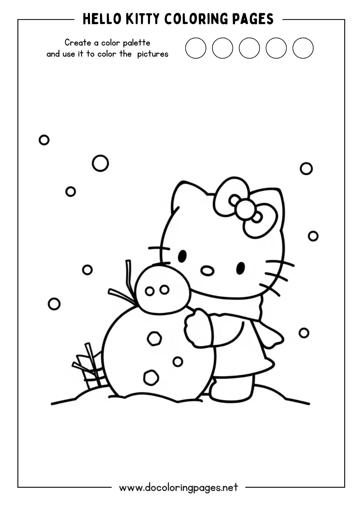 A winter-themed Hello Kitty coloring page illustrating Hello Kitty standing next to a snowman, with snowflakes falling around them.