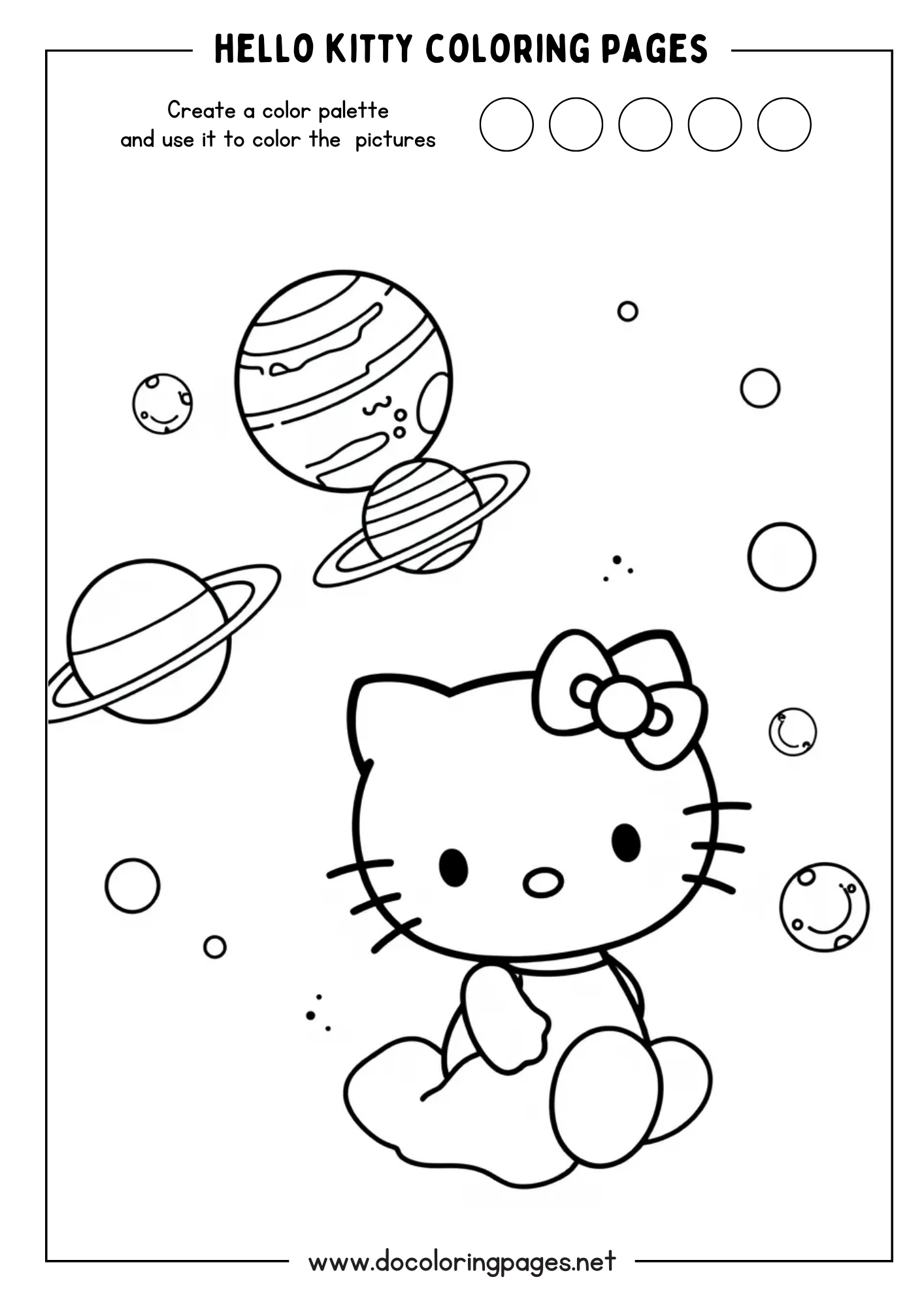 A cosmic Hello Kitty coloring page depicting Hello Kitty sitting in space, surrounded by various planets and floating circles, perfect for imaginative hello kitty coloring pages.