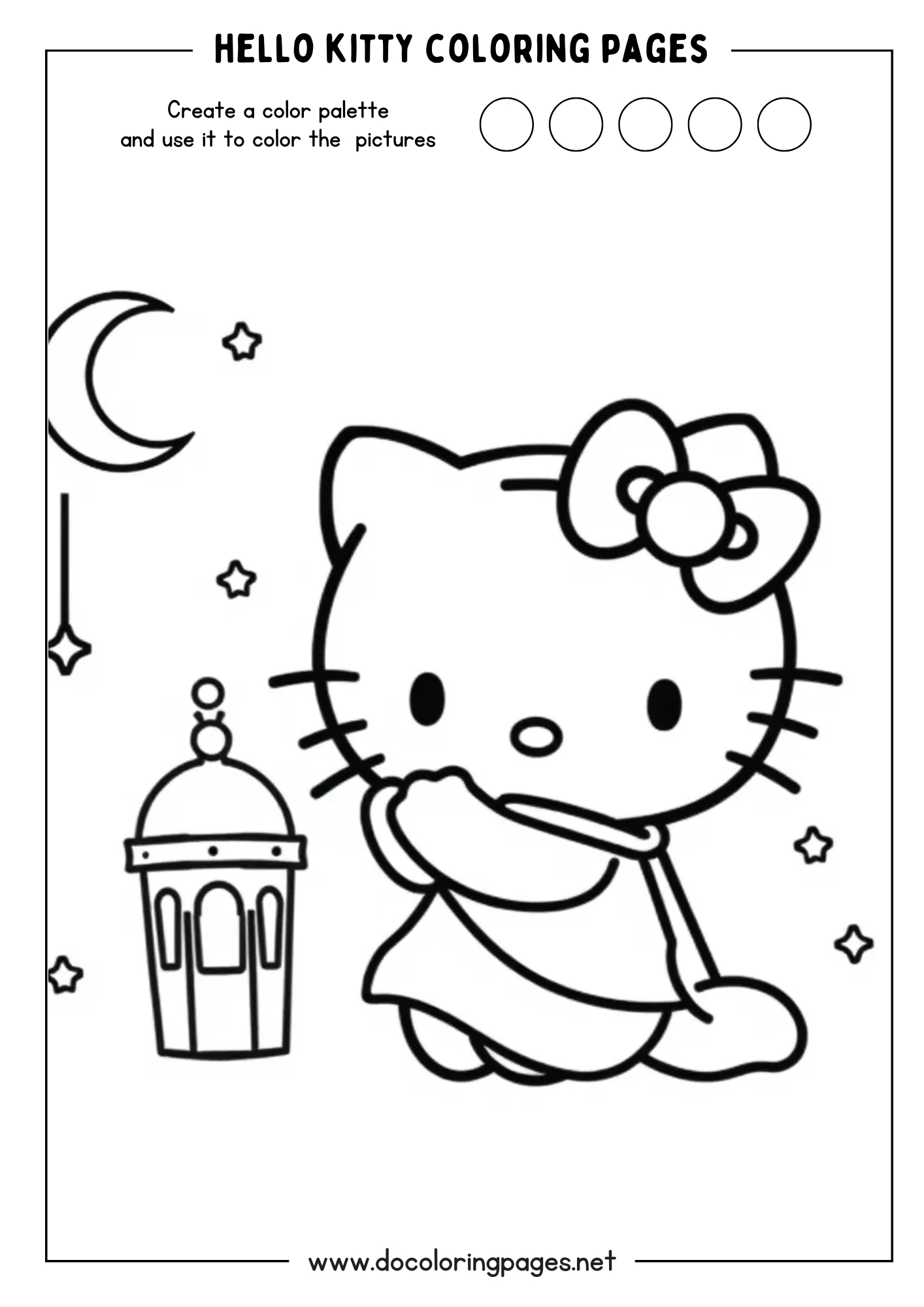 A serene Hello Kitty coloring page featuring Hello Kitty looking towards a crescent moon and stars, with a decorative lantern beside her.