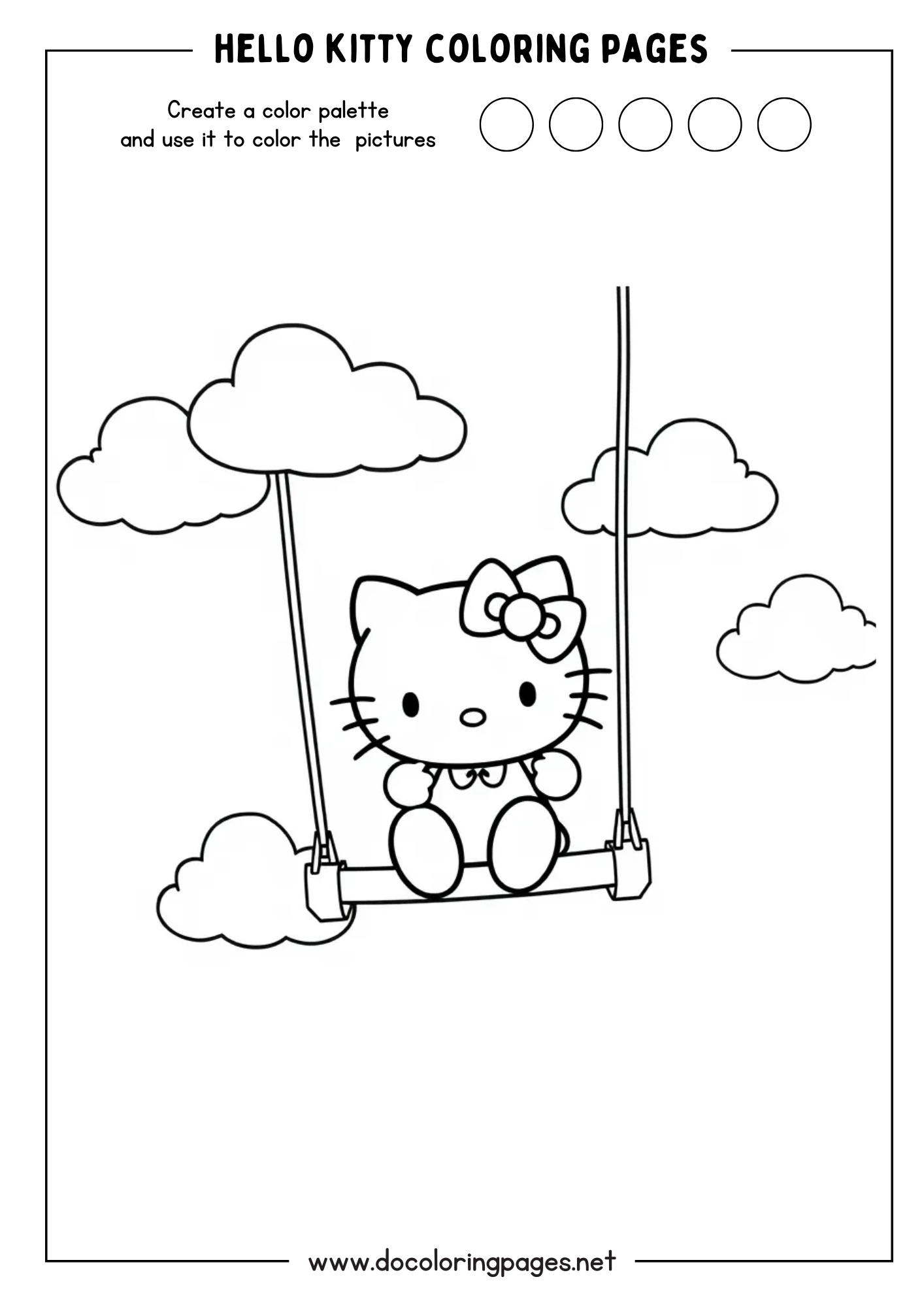 A playful Hello Kitty coloring page showing Hello Kitty happily swinging in the sky amidst fluffy clouds.