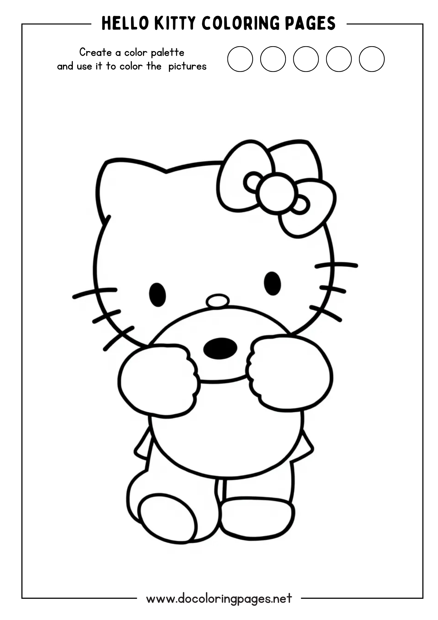 A simple and charming Hello Kitty coloring page depicting Hello Kitty holding a roll of tissue paper.
